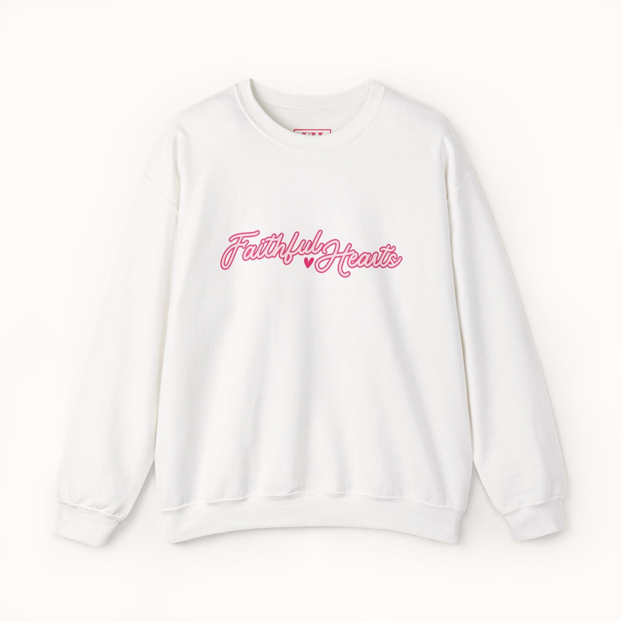 White sweatshirt with pink 'Faithful Hearts' text on a white background