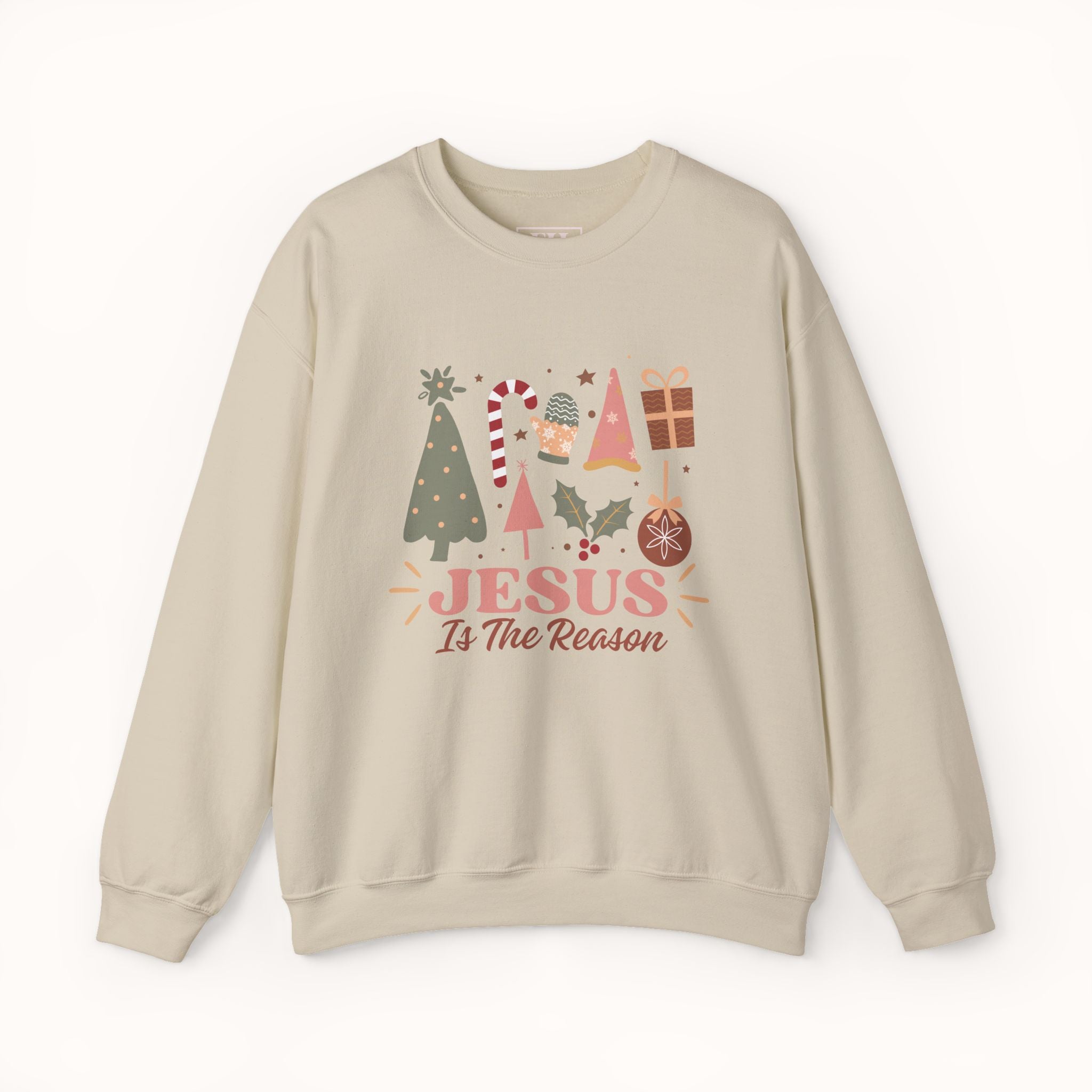 Beige sweatshirt with Christmas-themed graphics and 'Jesus is the Reason' text on a white background
