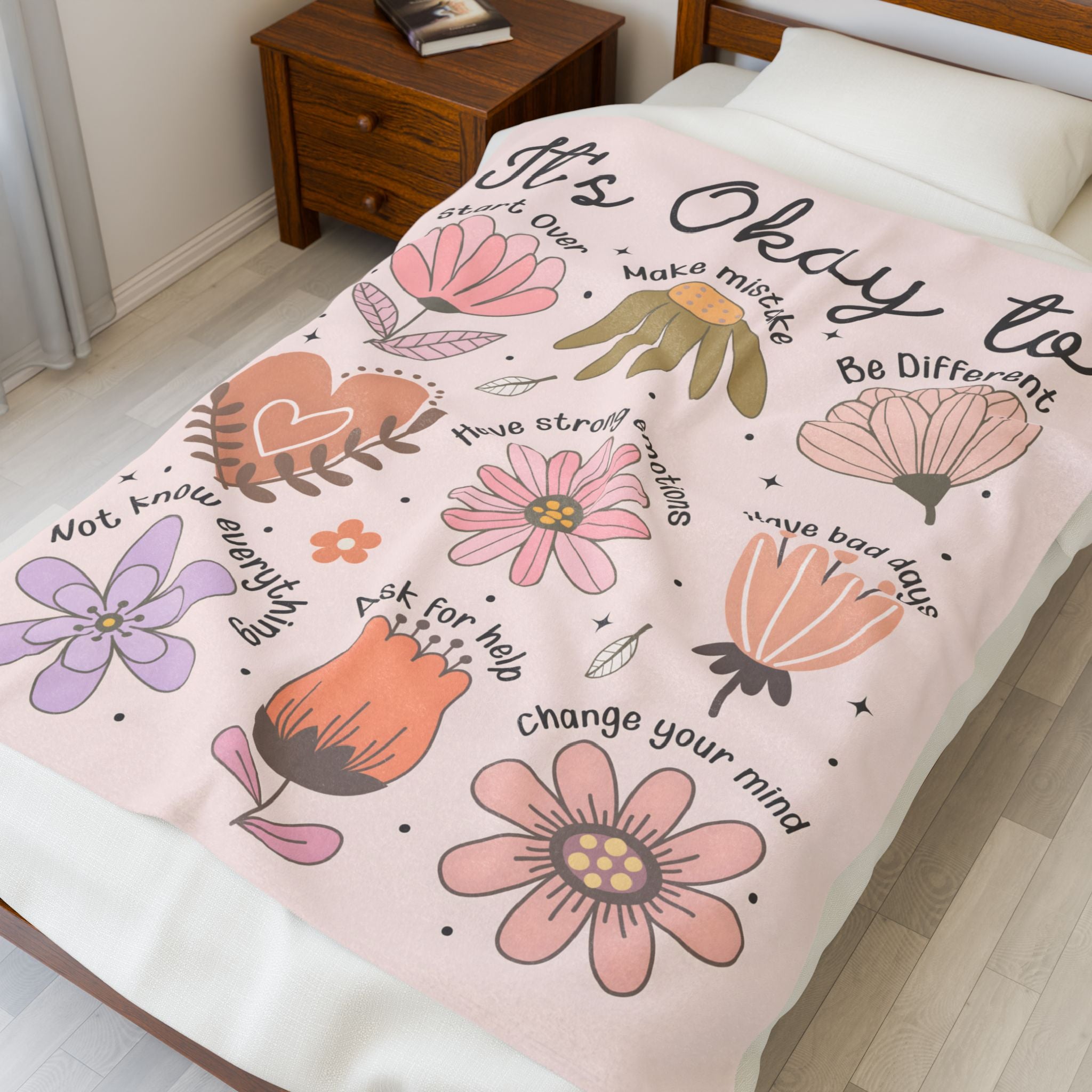 Inspirational throw blanket with positive quotes for self-care and healing