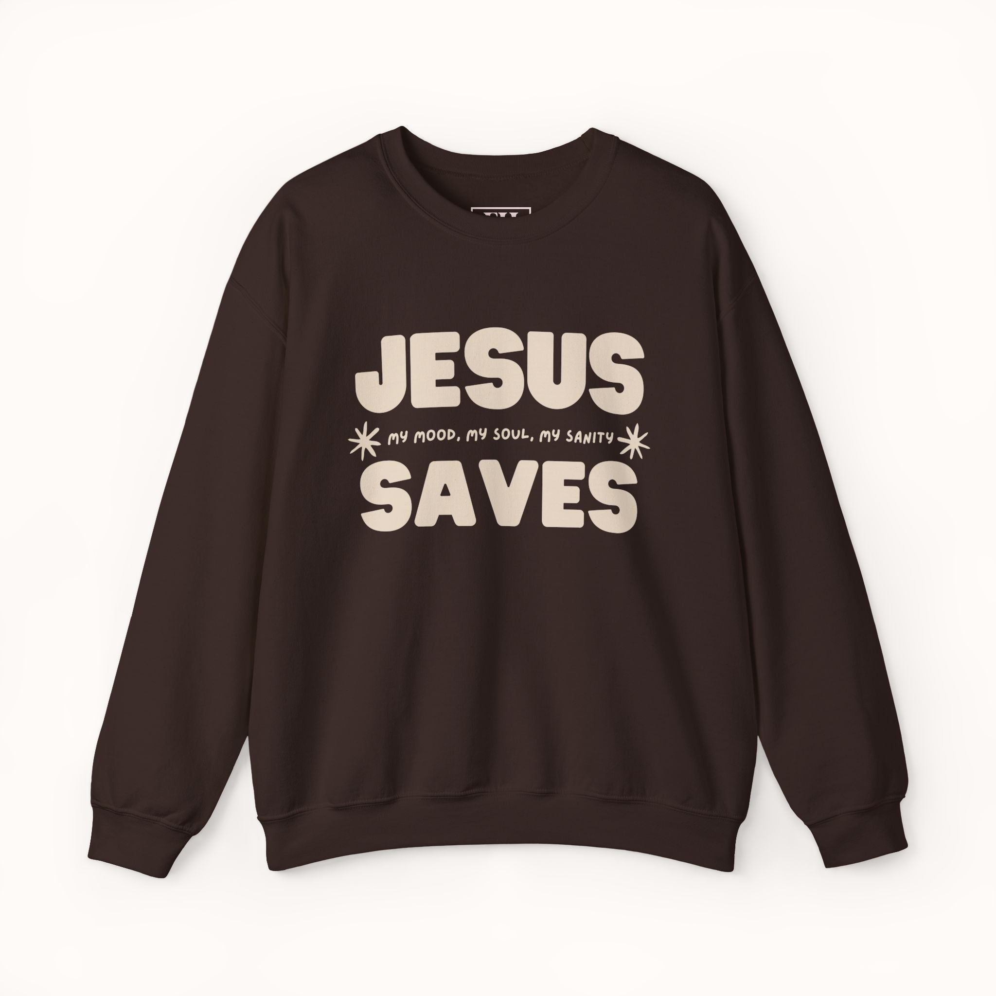Brown sweatshirt with 'Jesus Saves' text on a white background