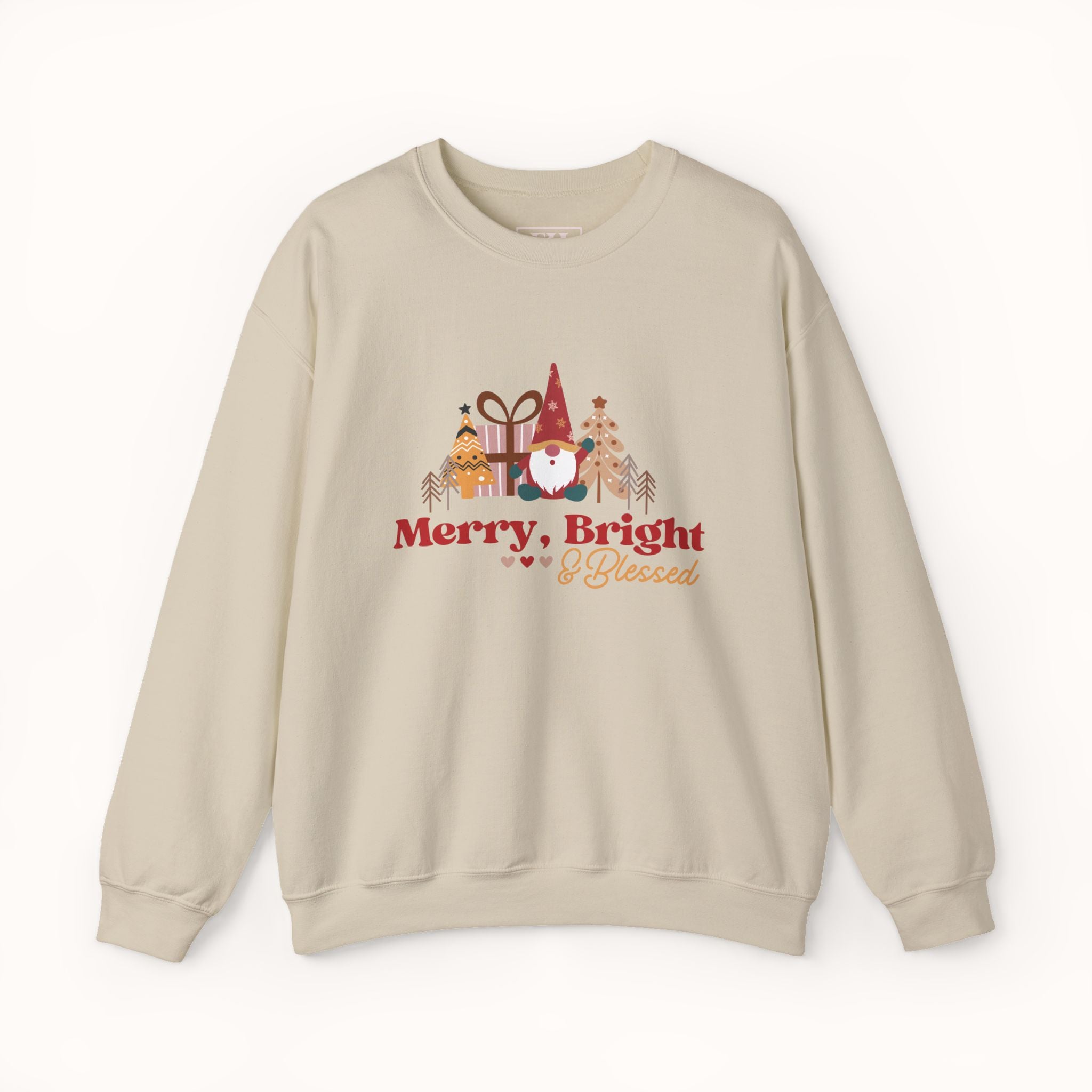 Beige sweatshirt with Christmas-themed design and text on a white background