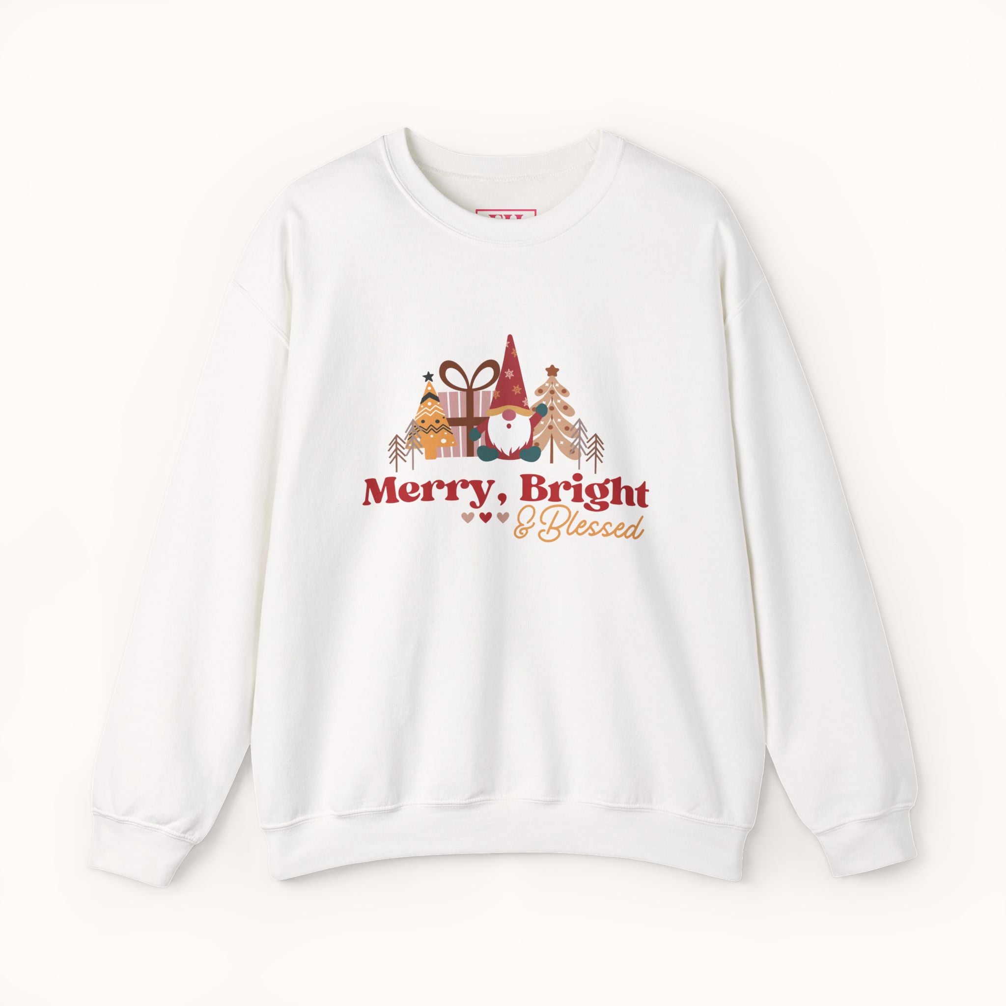 White sweatshirt with Christmas-themed design and text on a white background