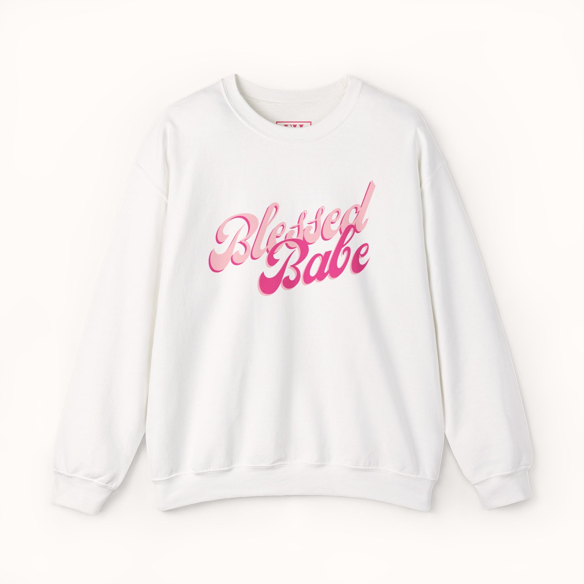 White sweatshirt with 'Blessed Babe' text in pink on a white background