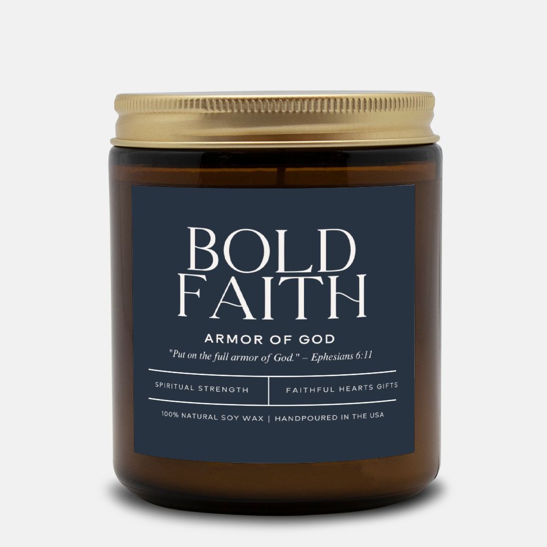 Amber jar Christian candle with Bible verse, featuring a bold, masculine scent in luxury home decor.