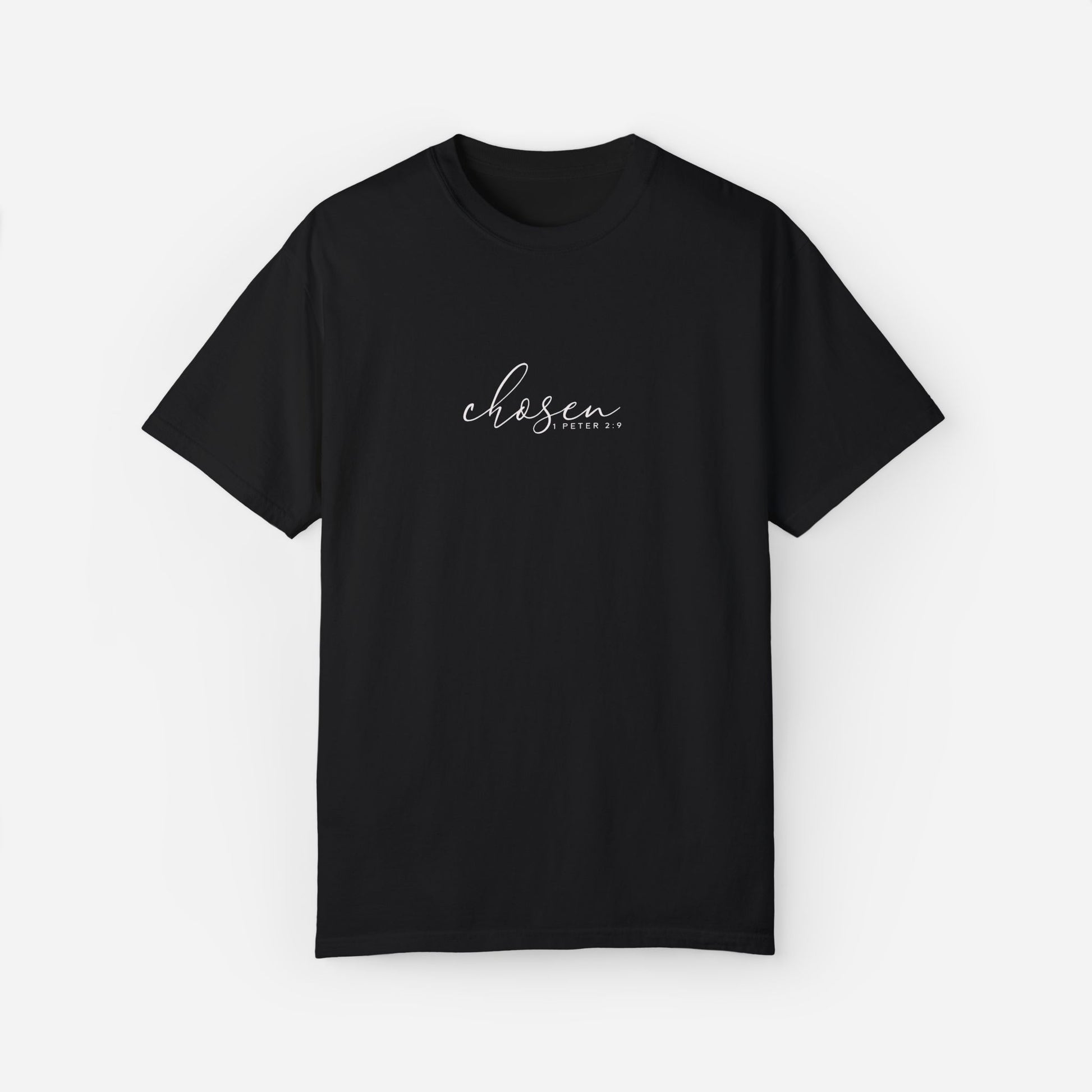 Minimalist black faith-based T-shirt with "Chosen – 1 Peter 2:9" Bible verse