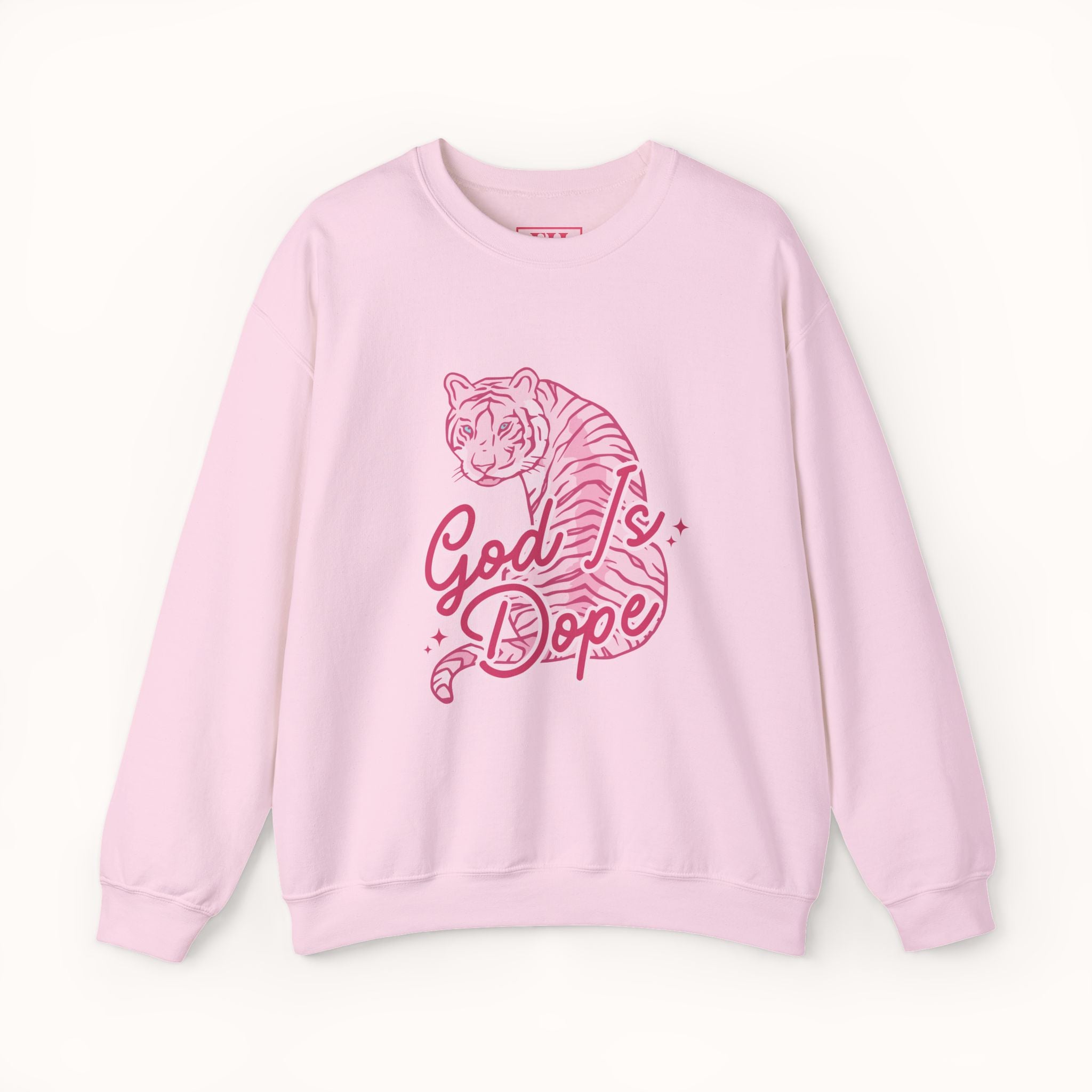 Pink sweatshirt with a tiger graphic and 'God is Dope' text on a white background