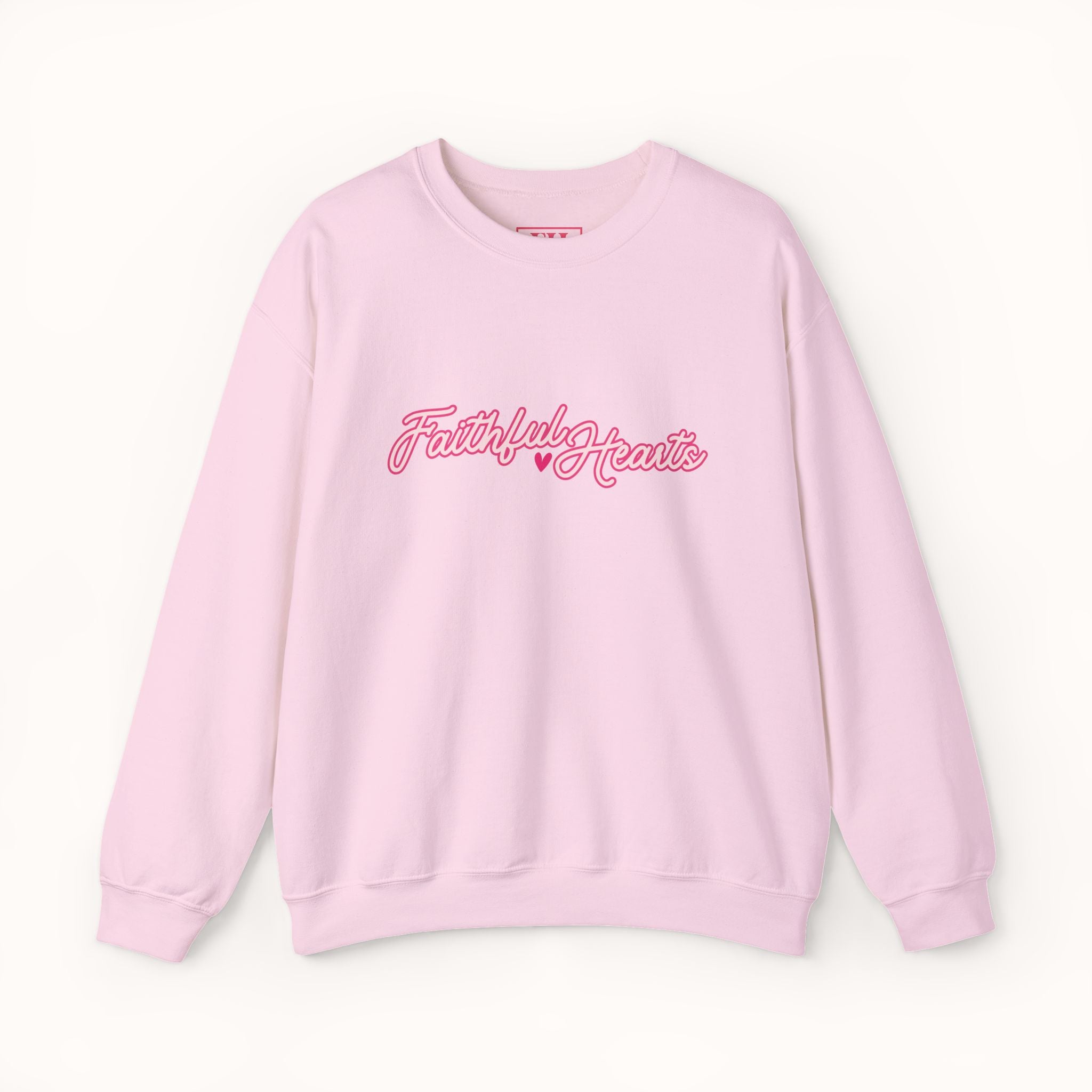 Pink sweatshirt with 'Faithful Hearts' text on a white background
