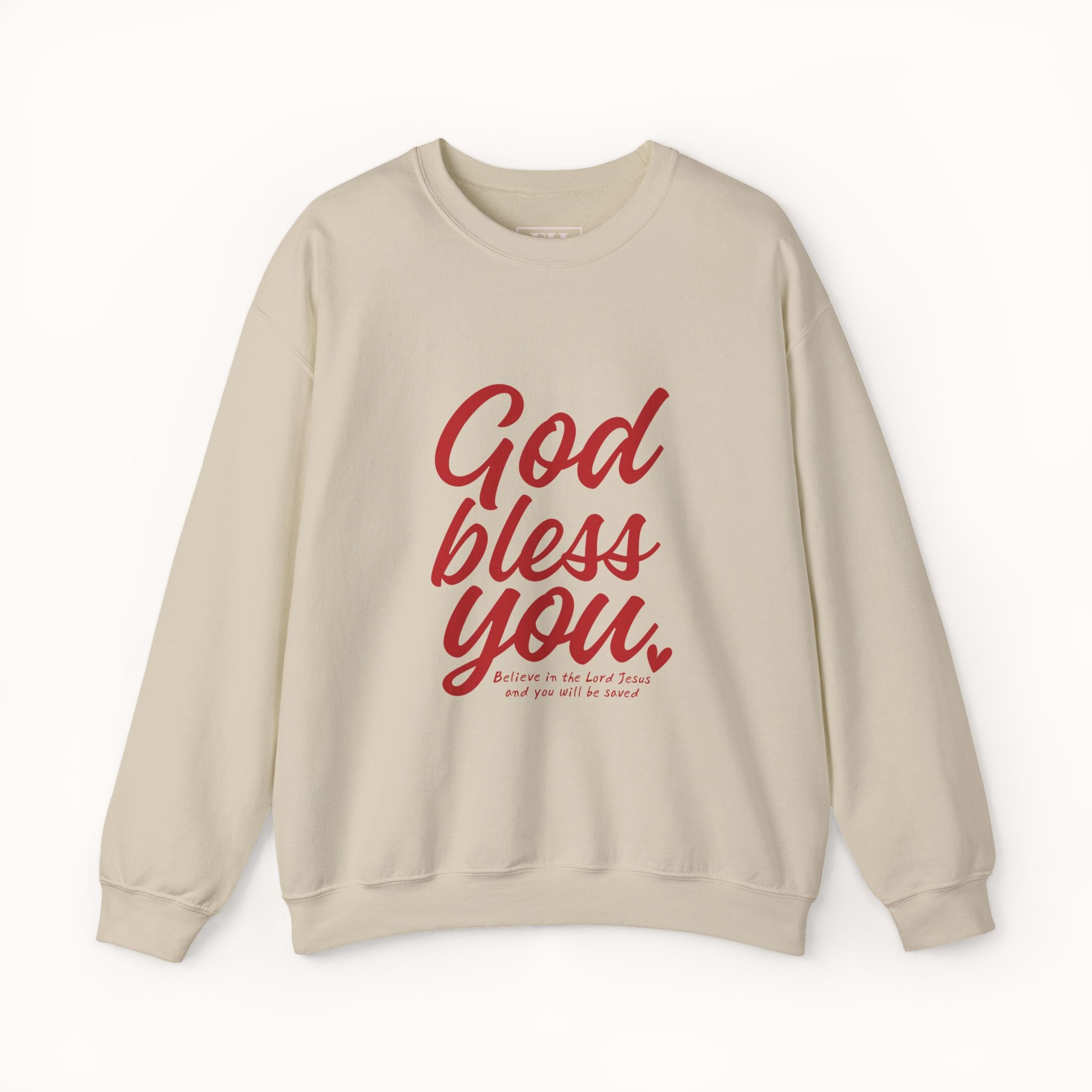 Beige sweatshirt with red text 'God bless you' on a white background