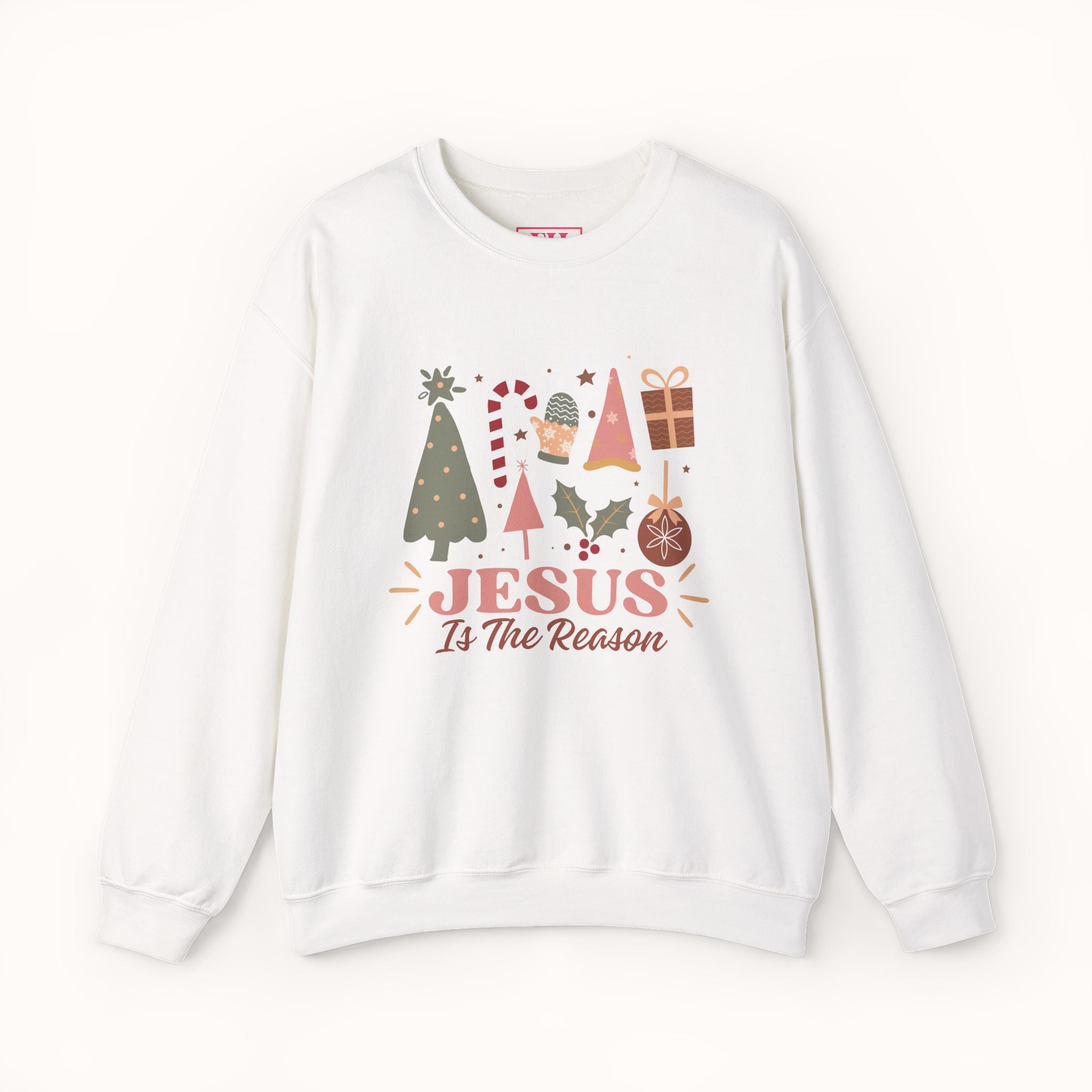 White sweatshirt with Christmas-themed graphics and 'Jesus is the Reason' text on a white background