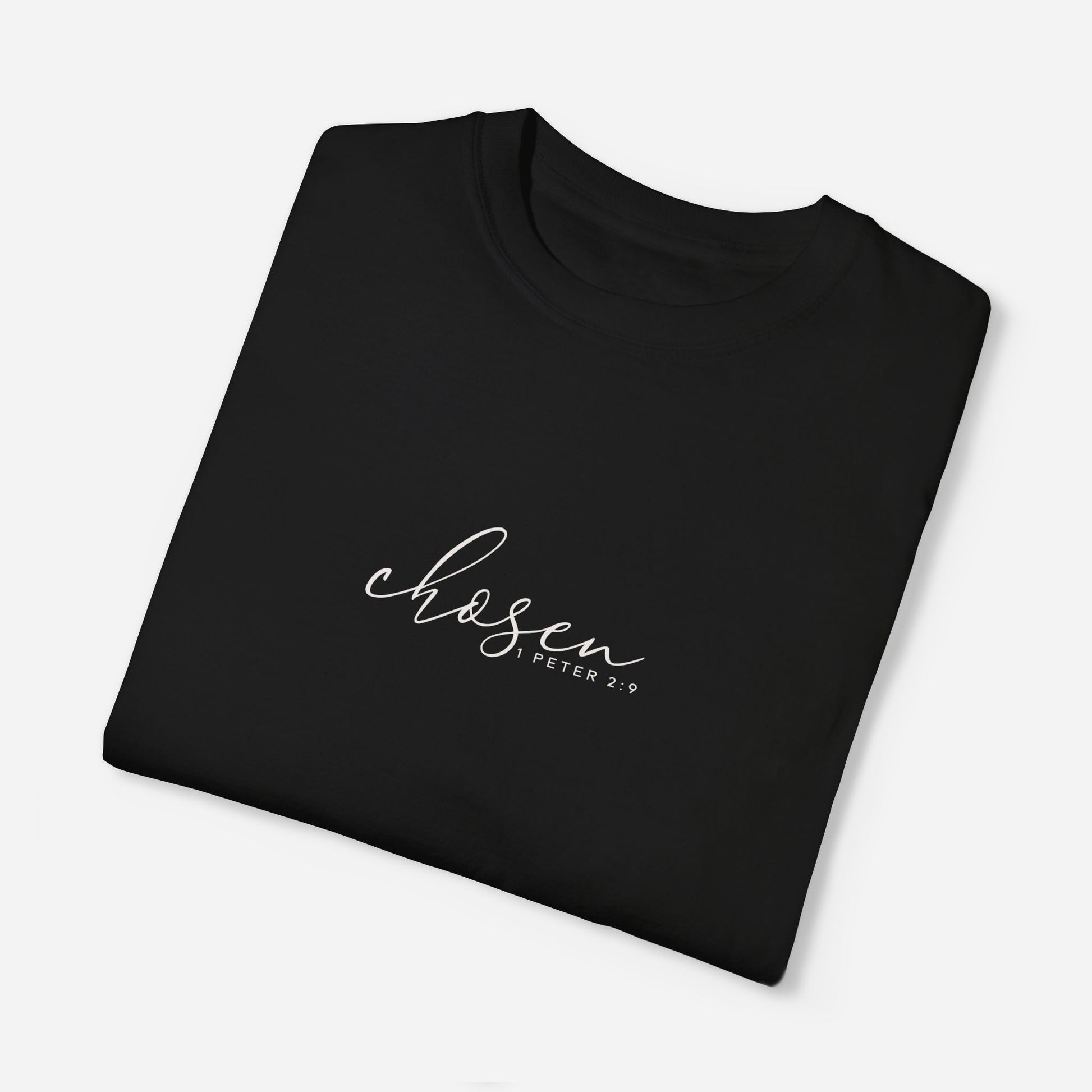 Premium black cotton T-shirt with "Chosen – 1 Peter 2:9" Christian message
