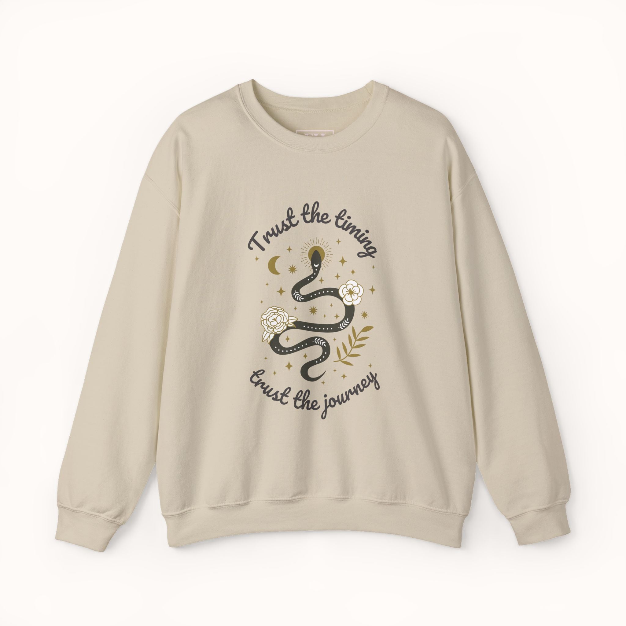 Beige sweatshirt with snake design and text on a white background