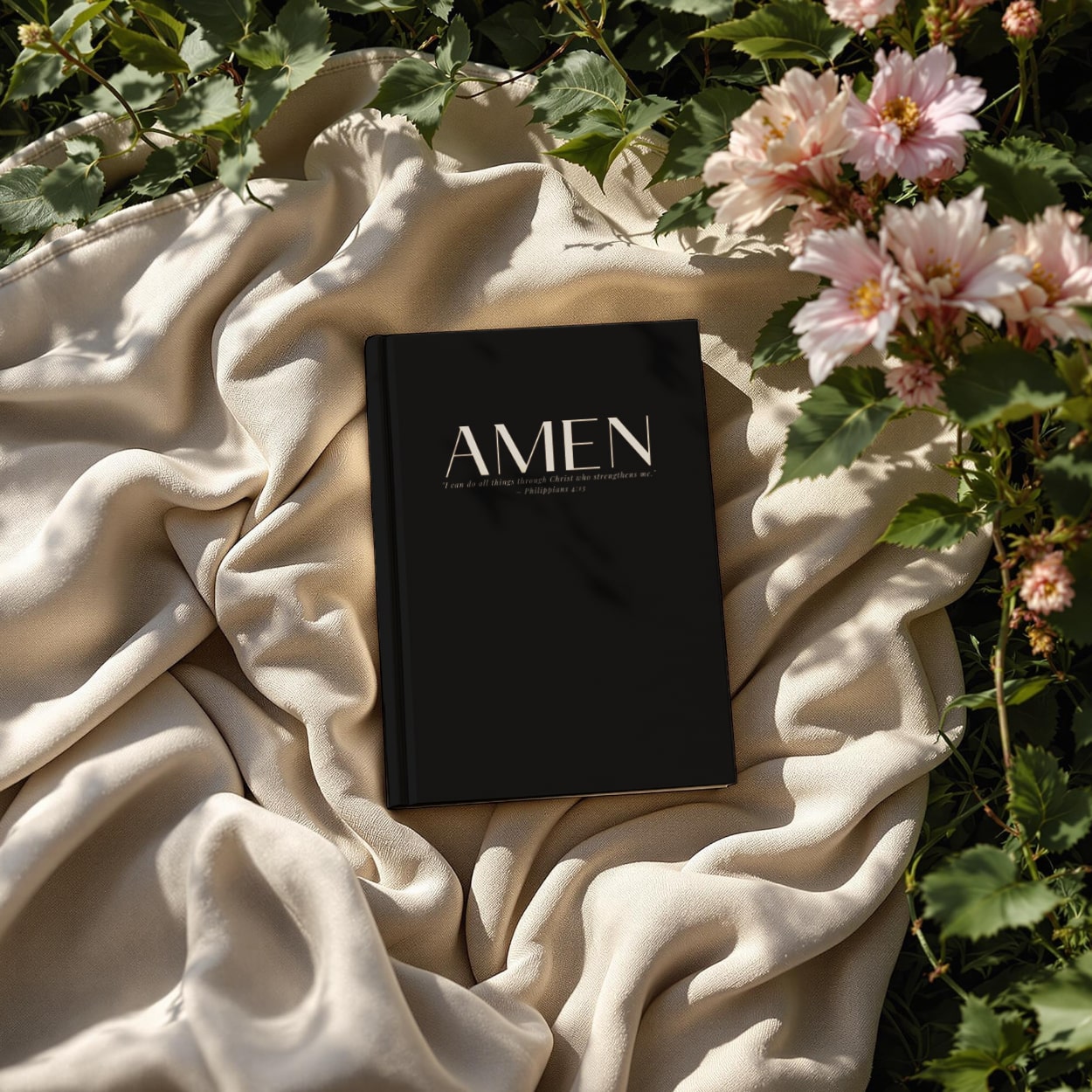 Luxury Christian prayer journal in deep black, featuring “I can do all things through Christ” scripture.