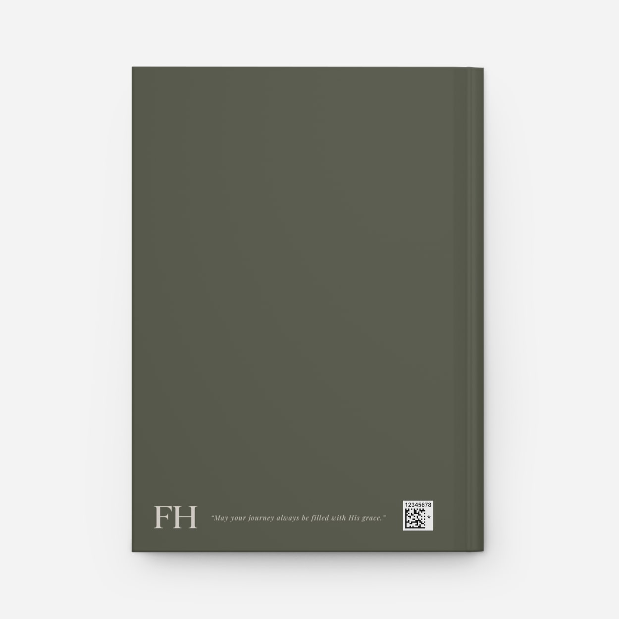 Reverse side of olive green faith journal, showcasing clean design and subtle brand details