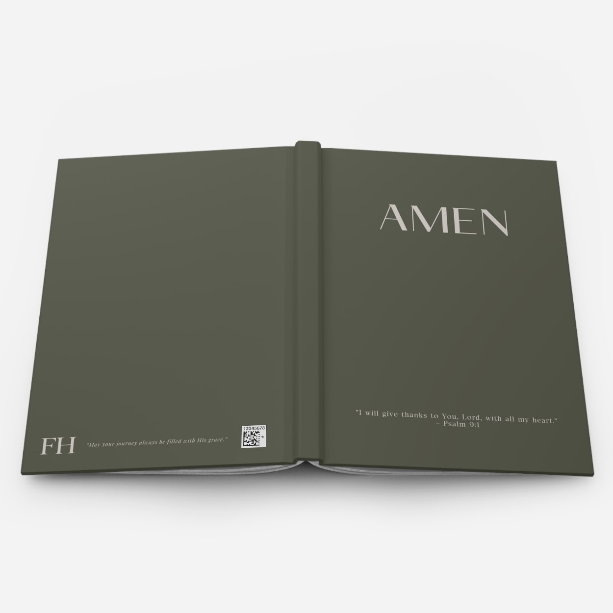 Exterior view of open olive green AMEN journal, revealing flexible binding and the cover front and back