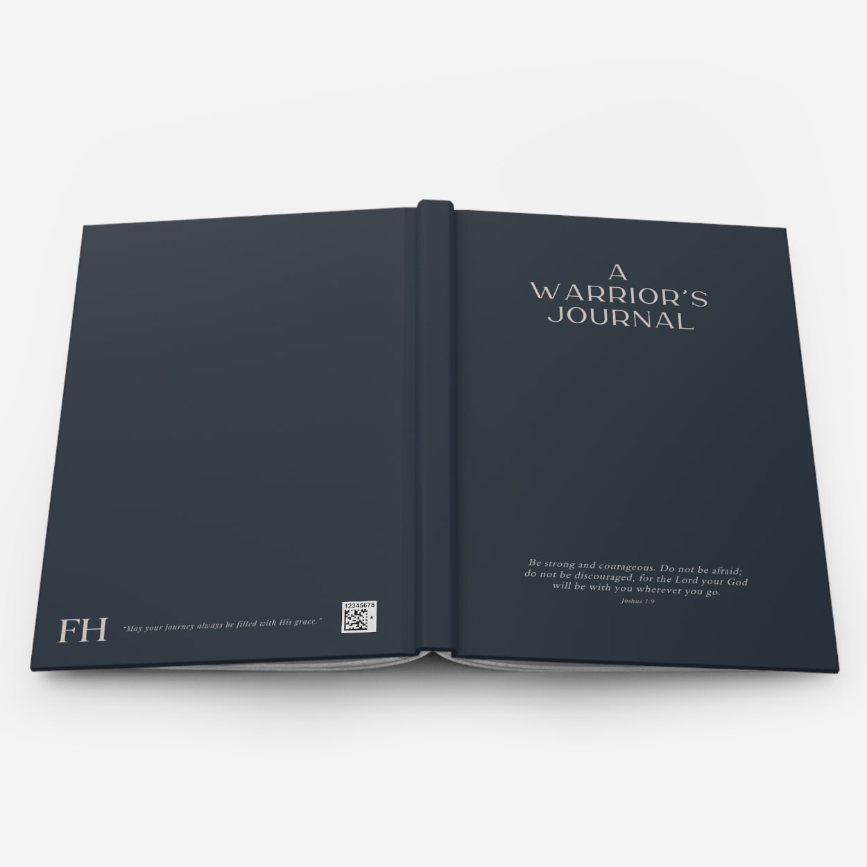 Exterior view of open navy journal, revealing robust binding and premium paper quality for men's devotional writing