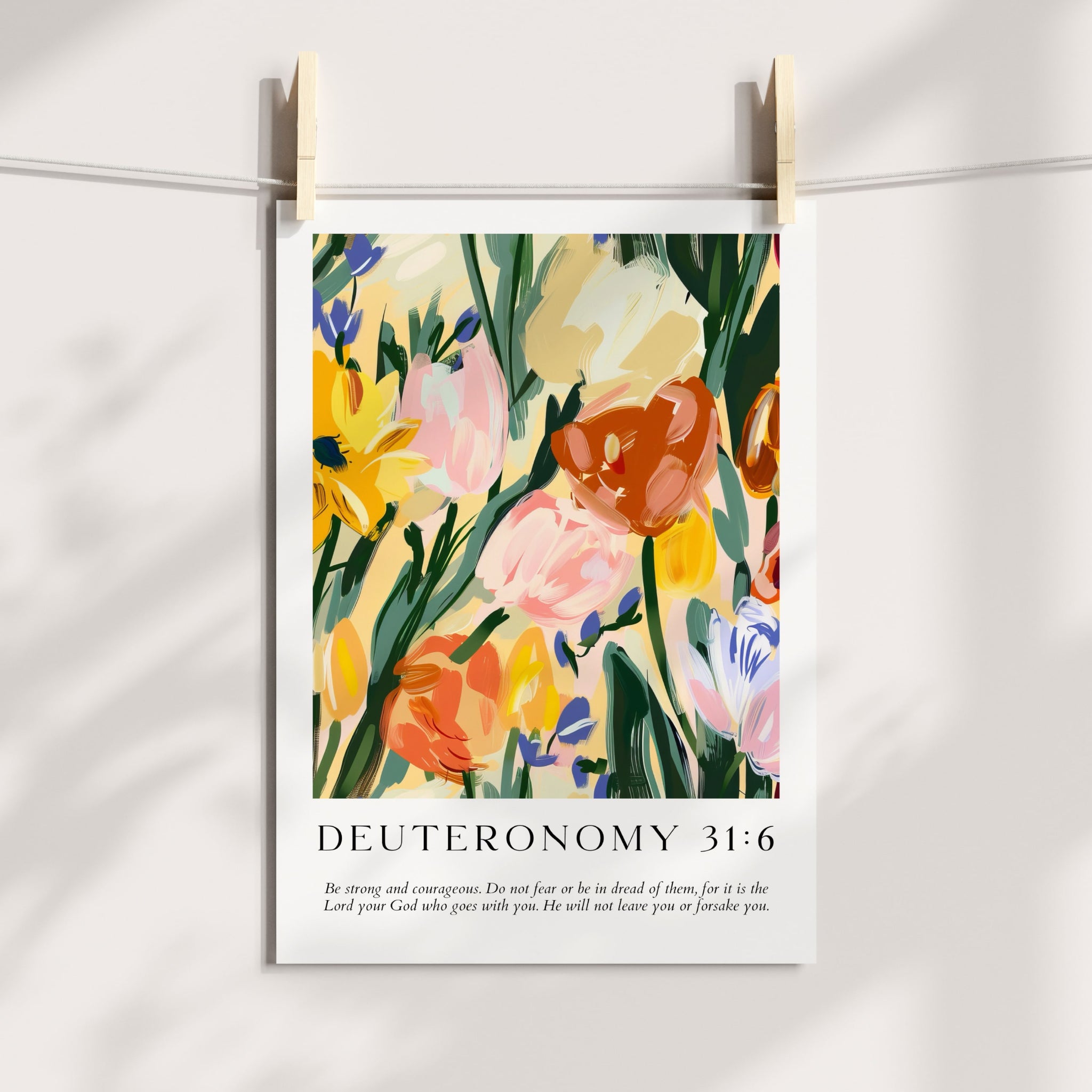 Floral Christian wall print, showing painted flower design and bible verse quote on gallery quality paper.