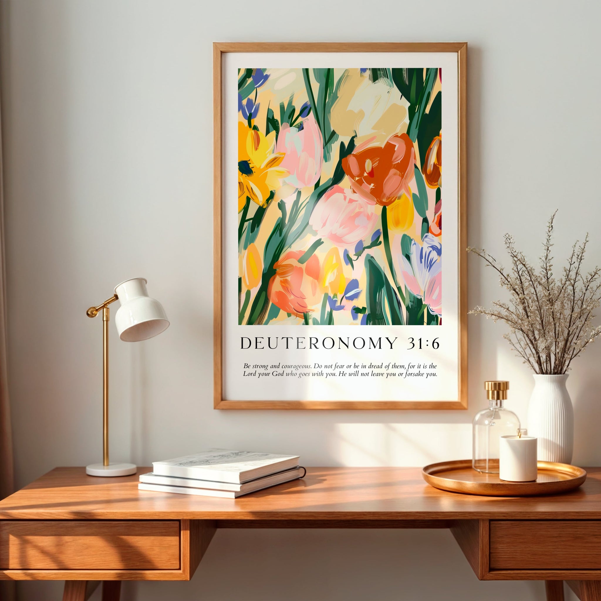 Elegant Deuteronomy 31:6 print for encouragement and daily strength. Hanging on a wall with a wooden frame.
