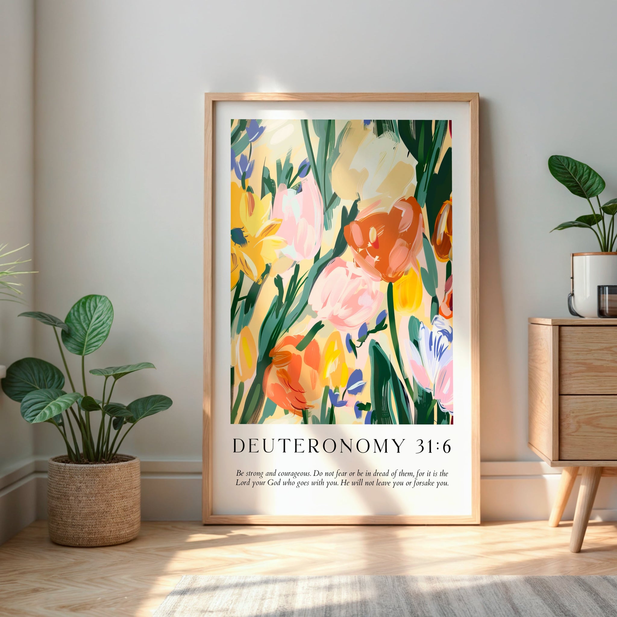 Christian fine art print in wooden frame leaning against a white wall showing bright floral print and scripture.