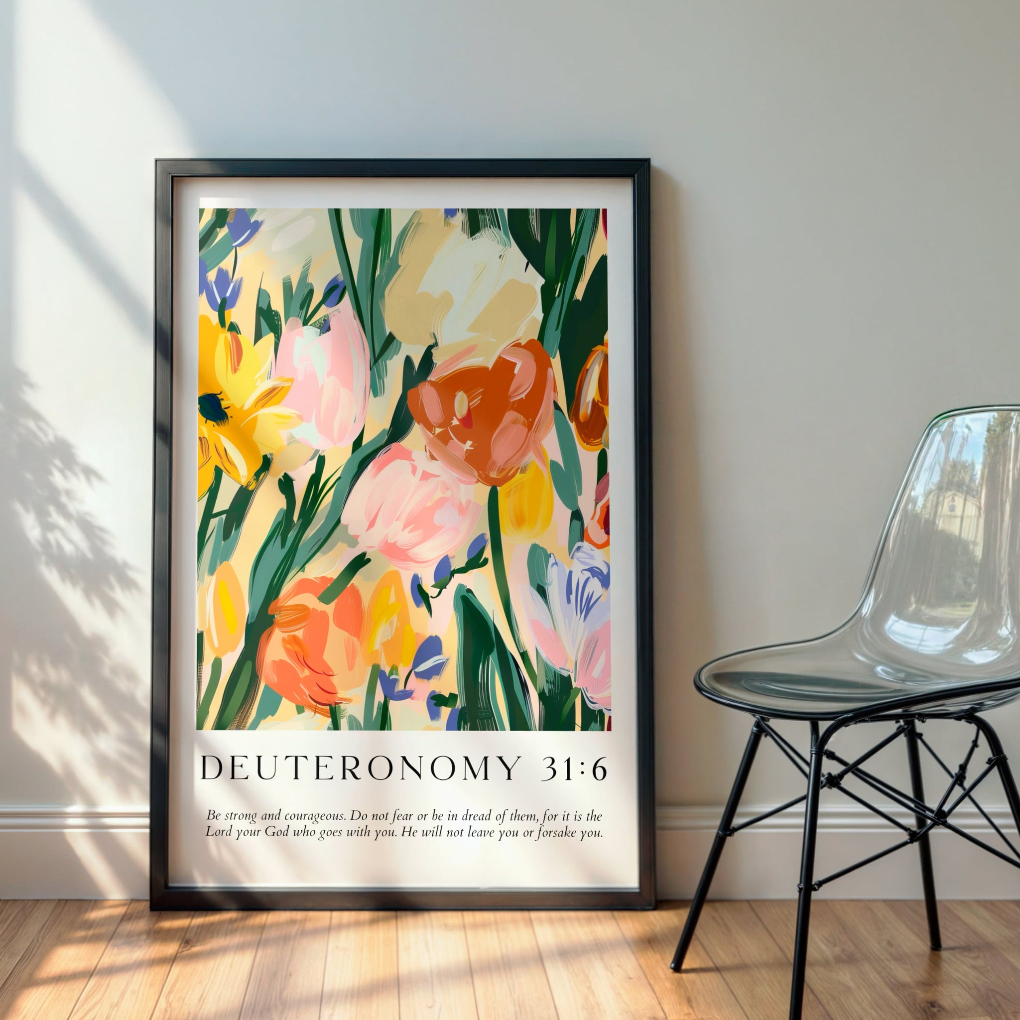 Christian wall print in a black frame leaning against a white wall showing the museum quality fine art print.