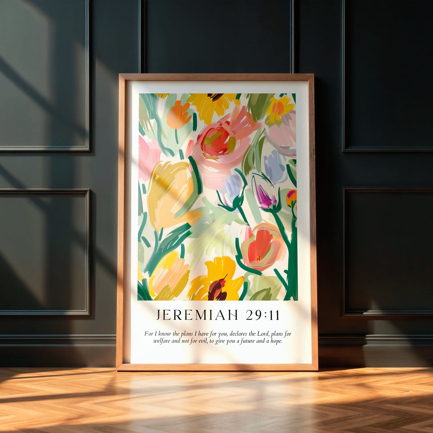 Floral fine art print featuring Jeremiah scripture bible verse on museum quality paper in a wooden frame with light shining through window.