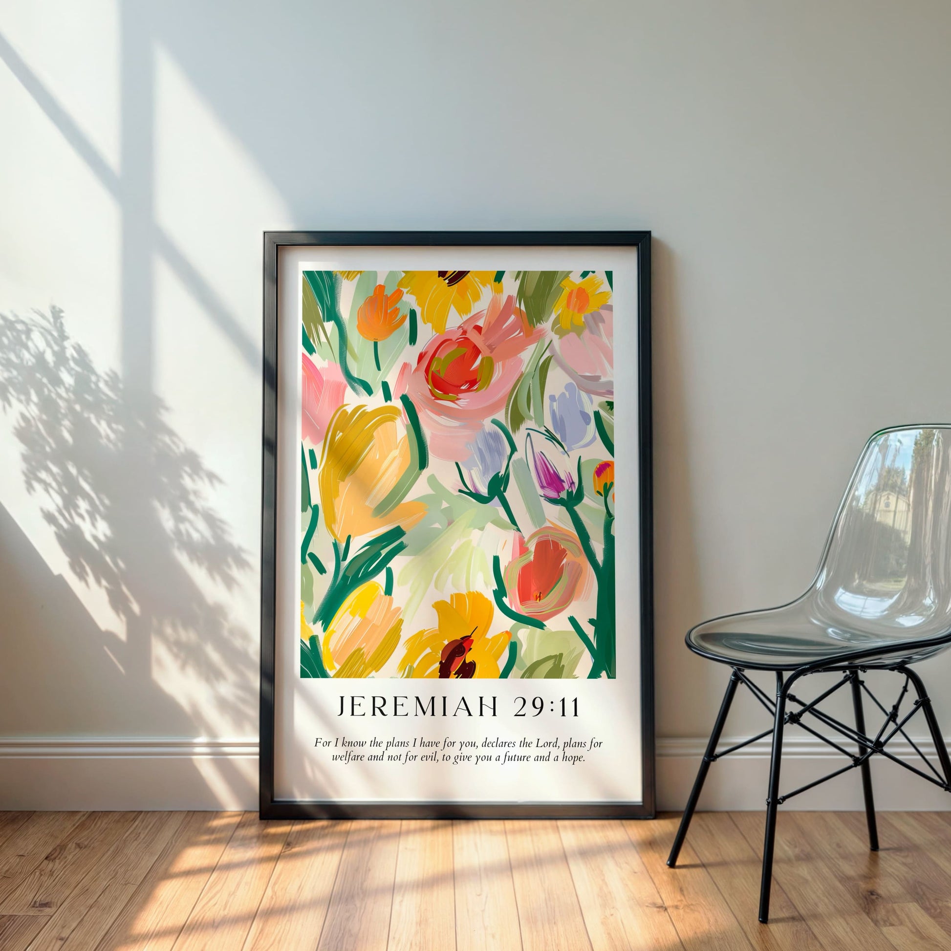 Beautiful floral print, with a bible verse from Jeremiah 29:11 written elegantly on the museum quality paper in a black frame.