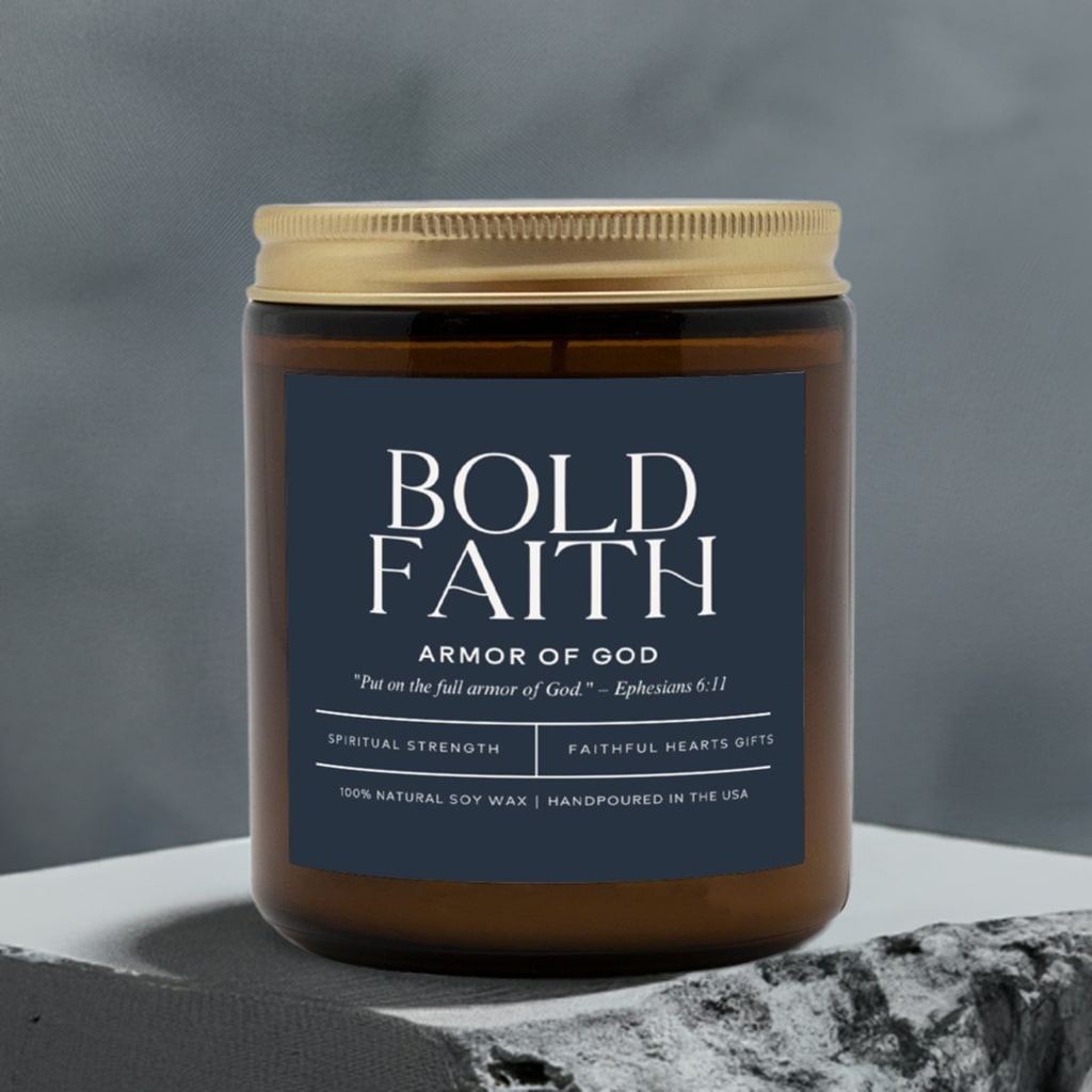 Faith-based candle for men with strong, grounding, earthy, wood scents. With a bible verse 'Armor of God' on the front in a masculine style.