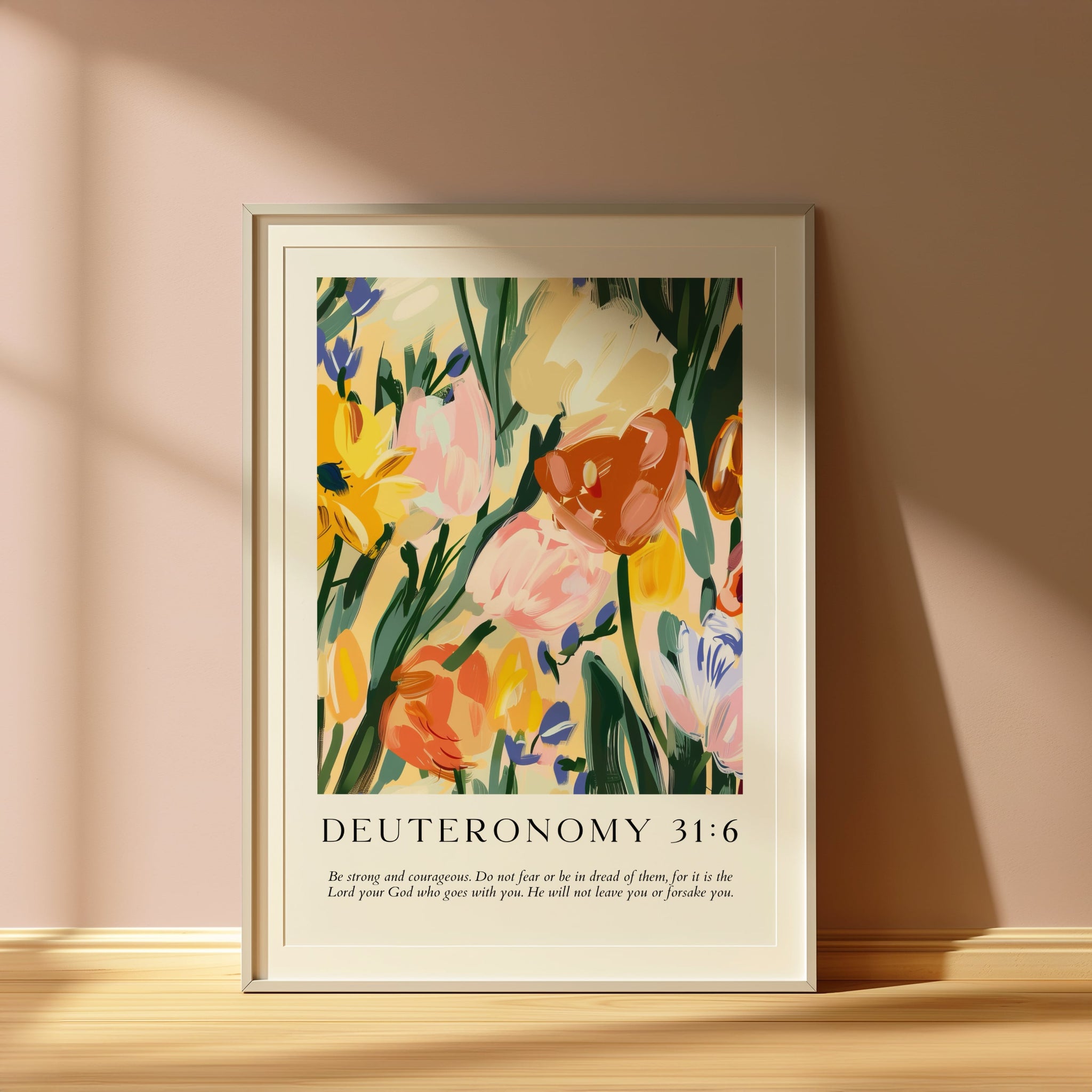 Elegant spiritual fine art print, in a white frame showing museum quality paper with bright floral design and bible quote from Deuteronomy.