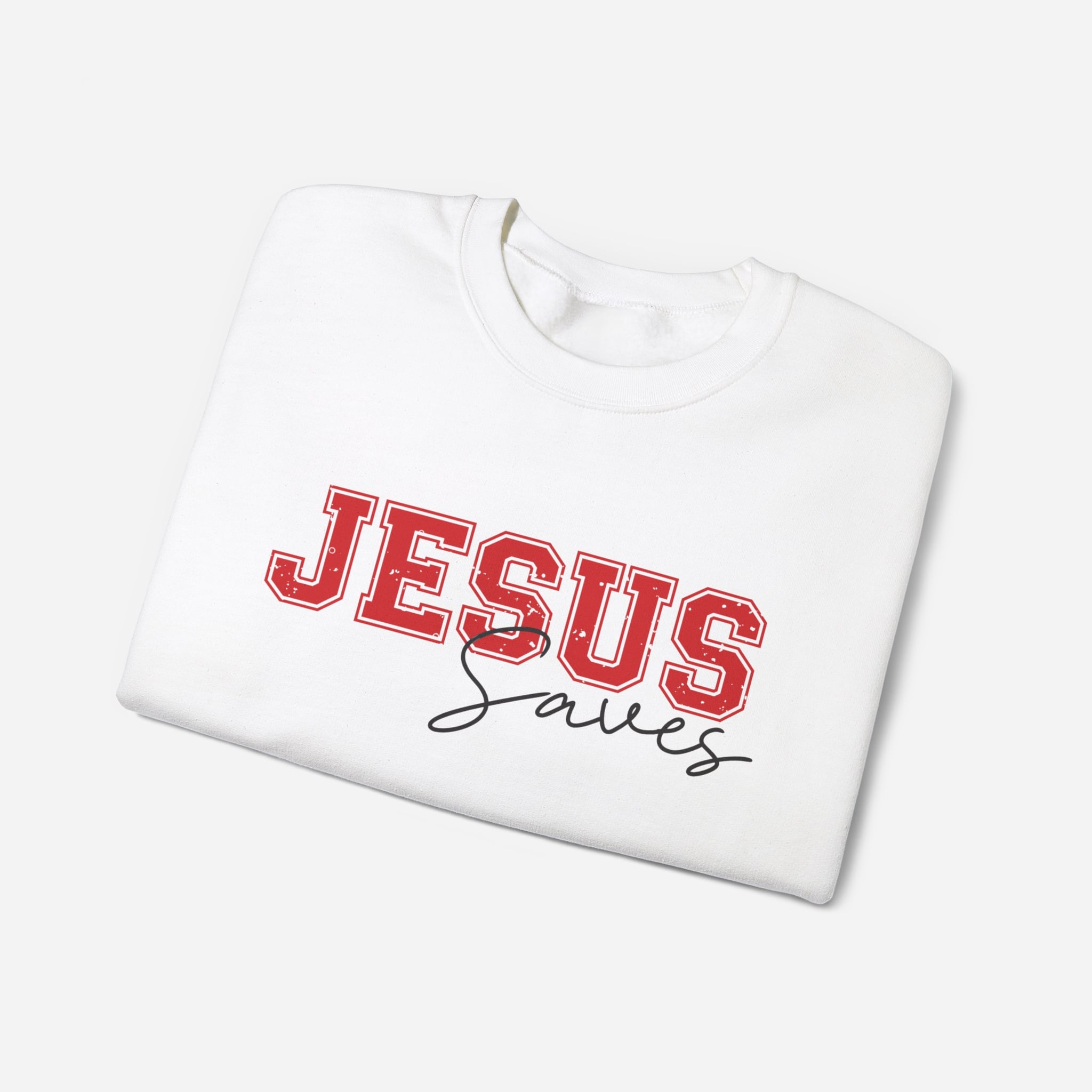 Christian crewneck in white for women with Jesus Saves on the front