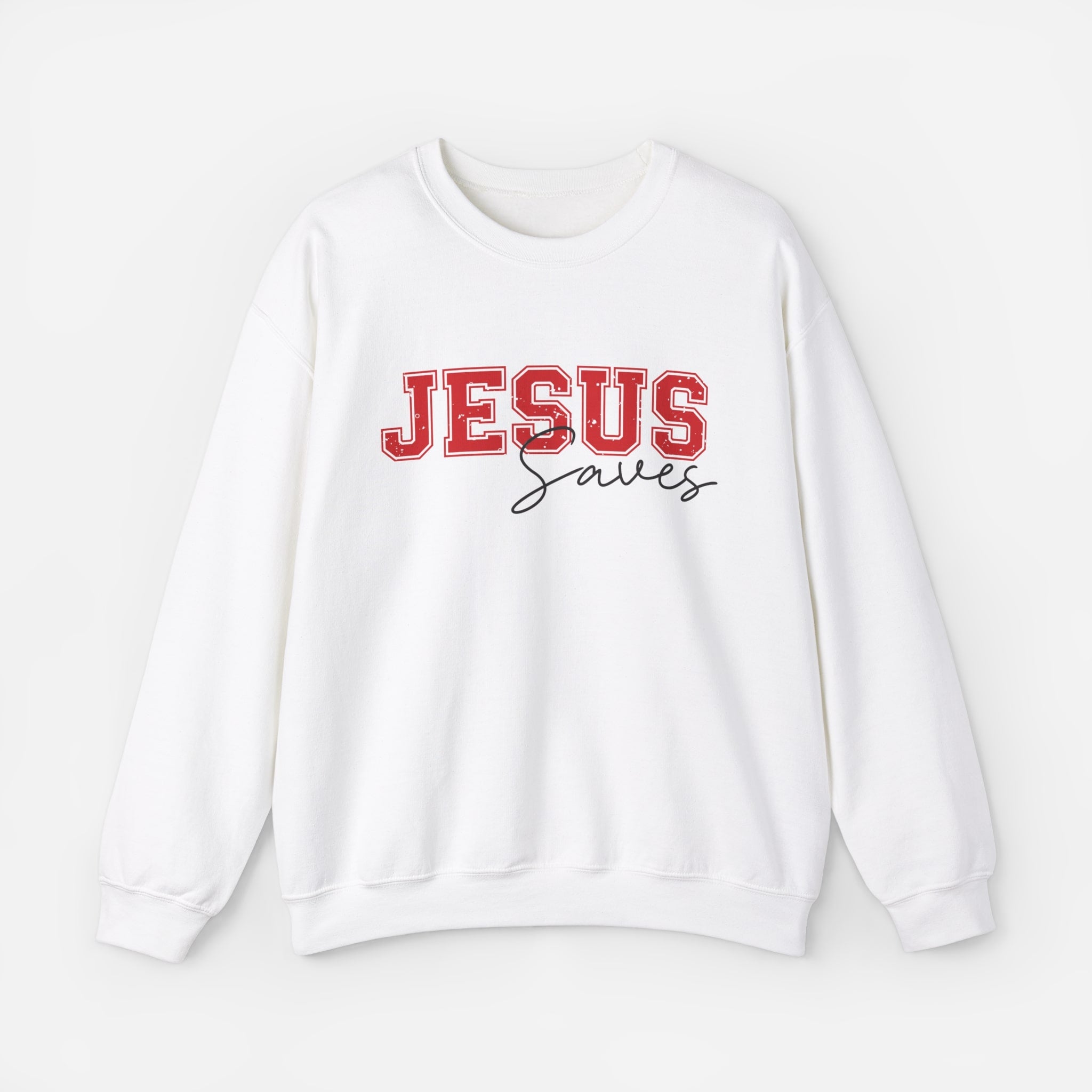 Soft white sweatshirt with Jesus Saves in a bold, varsity-style font