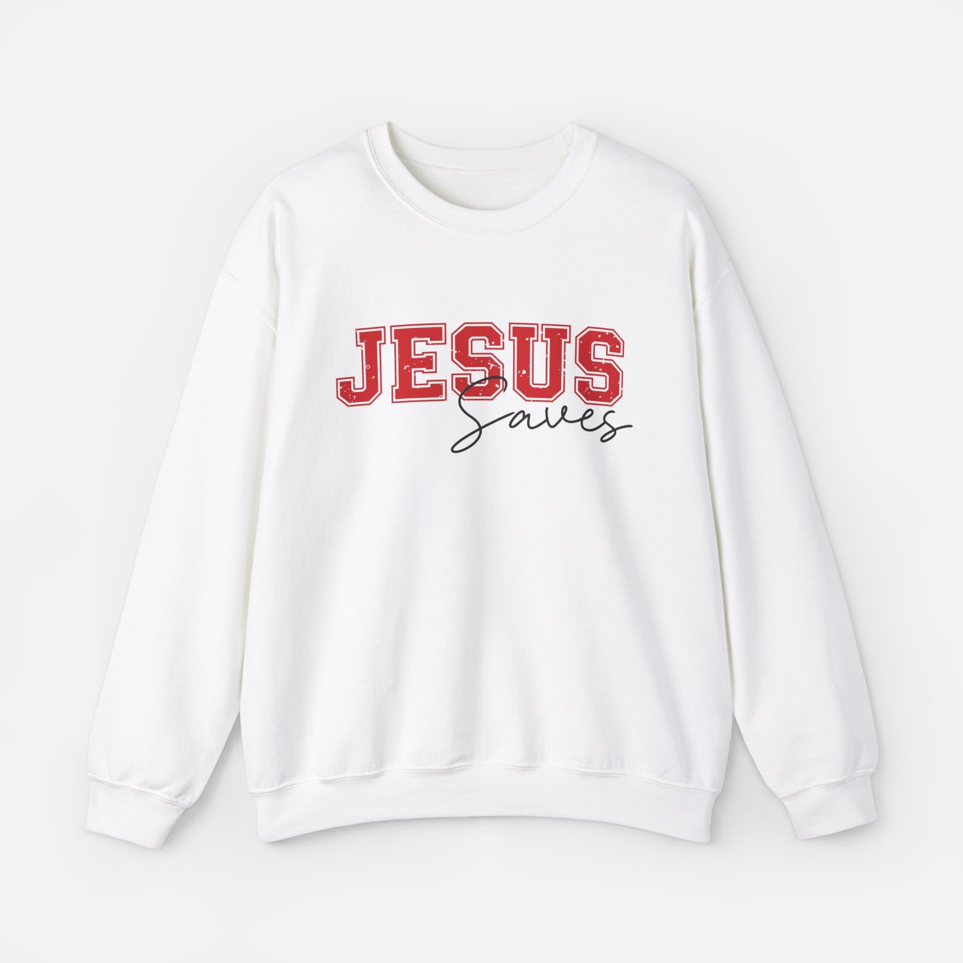 Soft white sweatshirt with Jesus Saves in a bold, varsity-style font