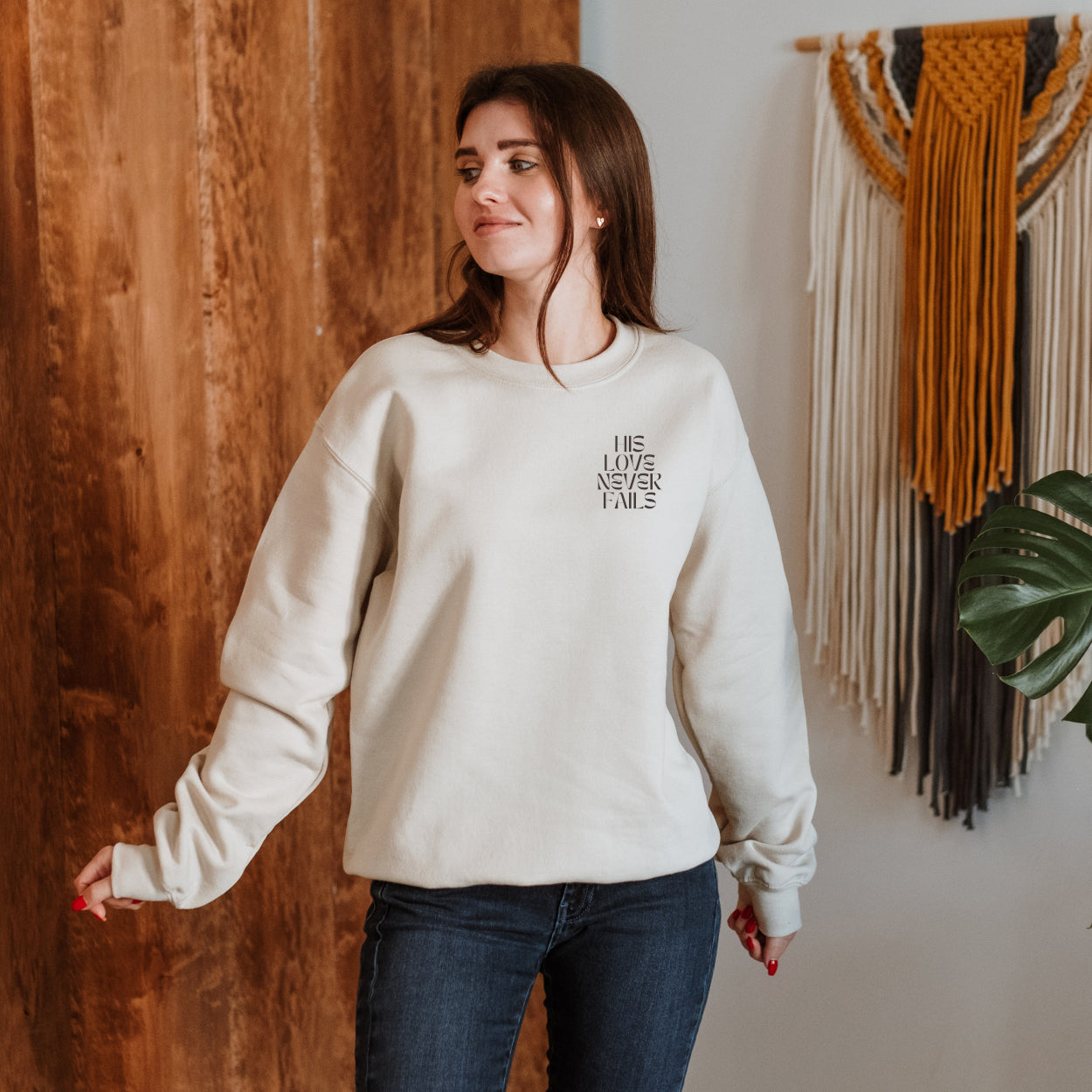 Premium Christian Sweatshirt with His Love Never Fails Print, Minimalist Style