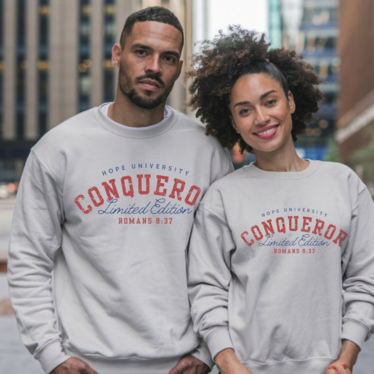 Hope University Conqueror Sweatshirt – Romans 8:37 Faith-Based Apparel