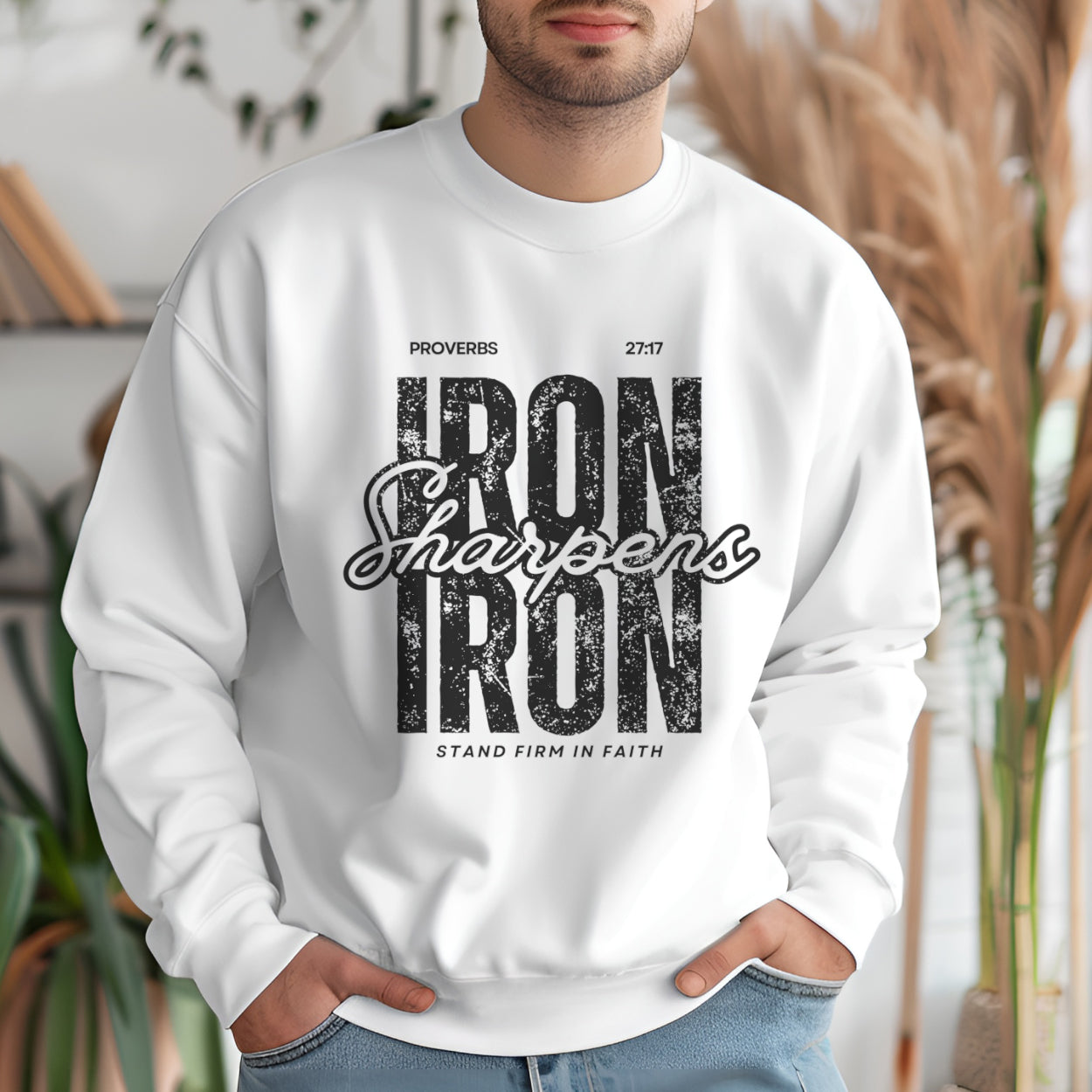 White Christian Sweatshirt for Men – Proverbs 27:17 Iron Sharpens Iron