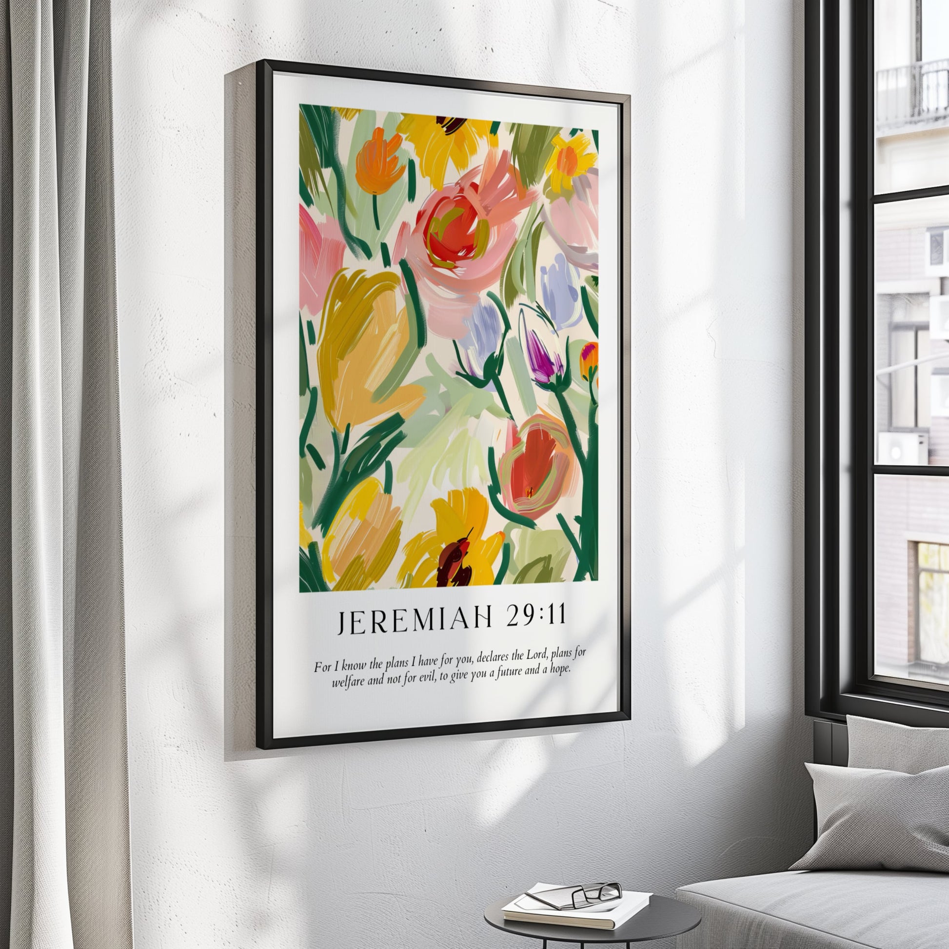 Colorful floral art print with Jeremiah 29:11 Bible verse, featuring vibrant flowers and inspirational scripture
