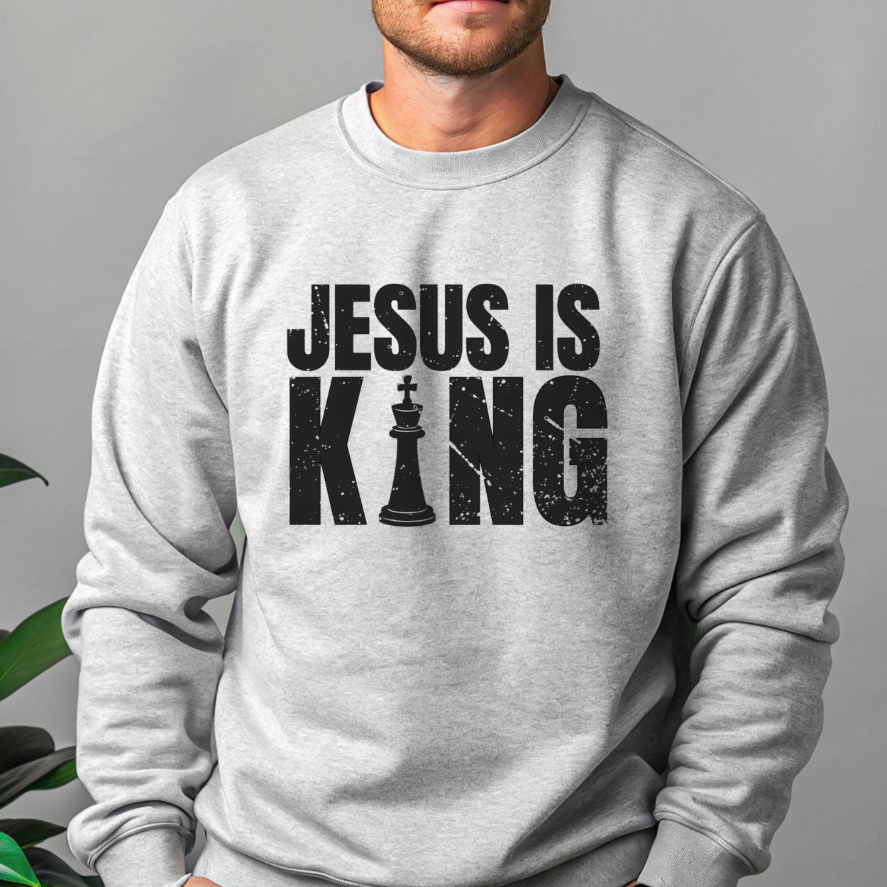 Jesus is King Sweatshirt for Men – Faith-Based Design in Ash Color