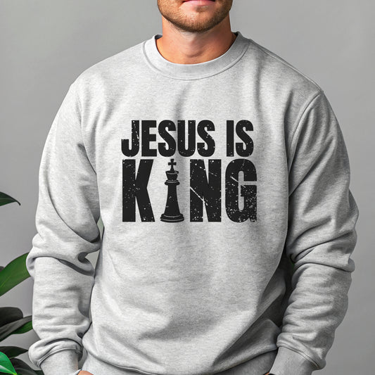 Jesus is King Sweatshirt for Men – Faith-Based Design in Ash Color