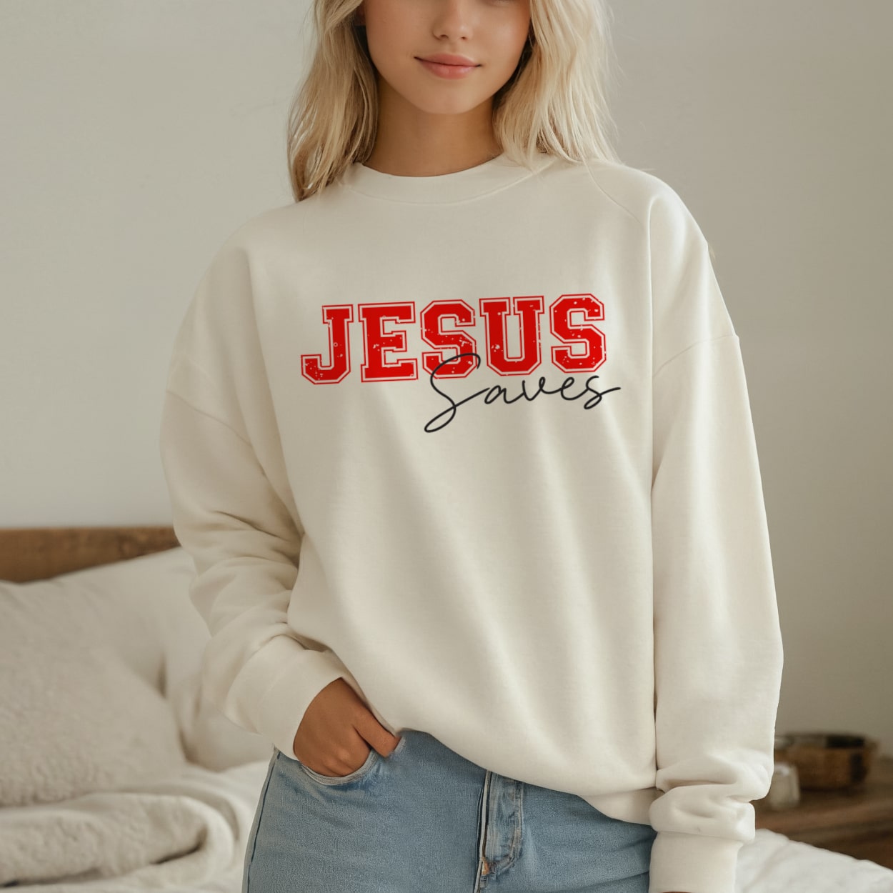Minimalist Christian sweatshirt with Jesus Saves in red on the front