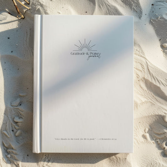 A beautifully designed Christian gratitude journal with a matte hardcover, lined pages, and space for prayer, praise, and reflections.