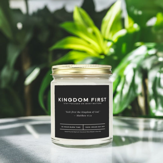 Modern vegan soy candle for men, featuring a minimalist design and Bible verse reminder of faith.