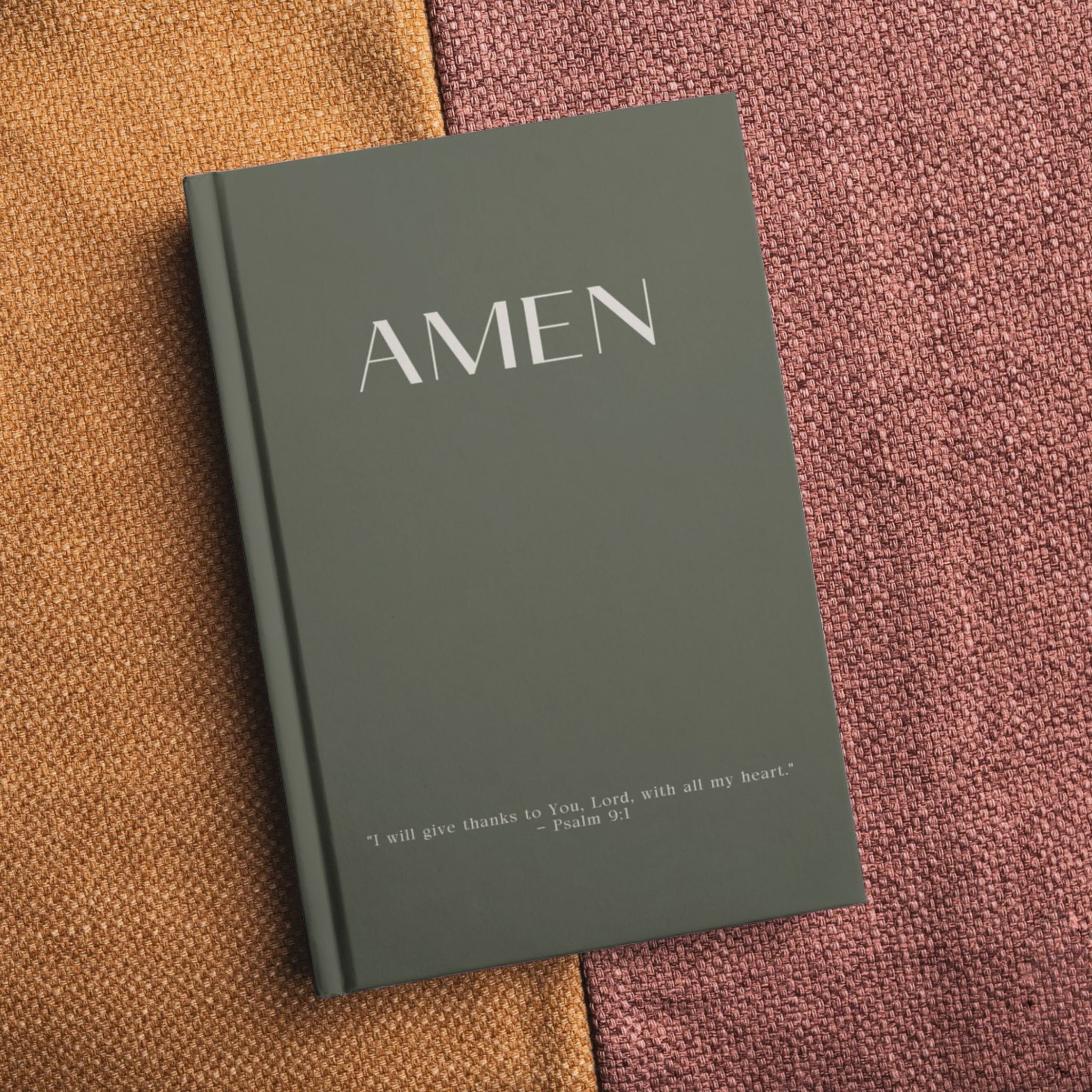 Olive green Christian journal with 'AMEN' in elegant typography, featuring Psalm 9:1 scripture on minimalist cover