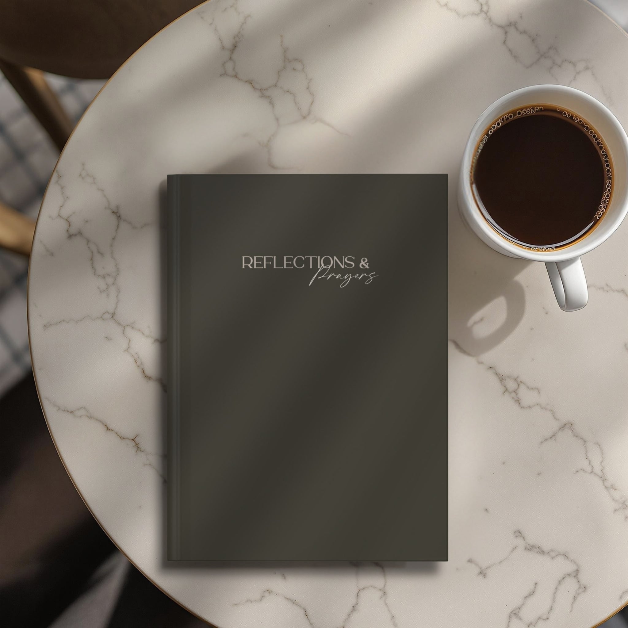 Charcoal olive journal with 'Reflections & Prayers' in elegant typography, showcasing minimalist and sophisticated design