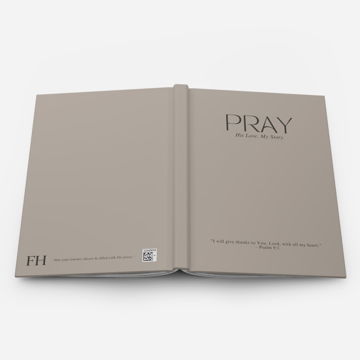 Exterior view of open soft stone beige PRAY journal, revealing flexible binding and elegant cover