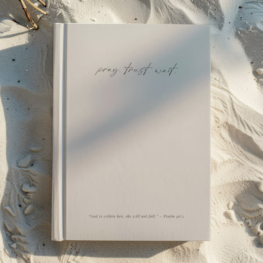 Christian journal with Pray, Trust, Wait and Psalm 46:5 on the cover
