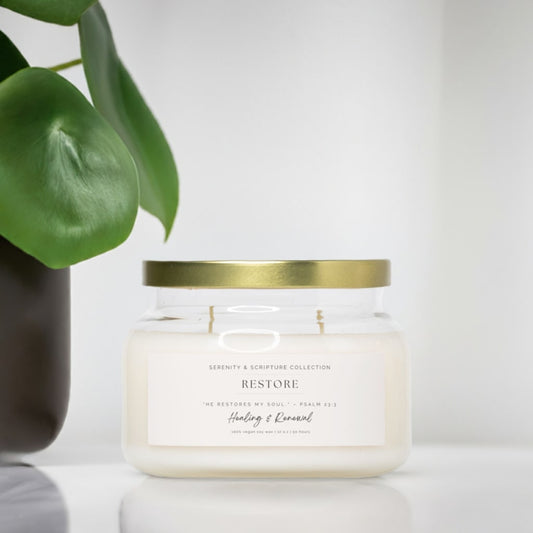 RESTORE Candle – Healing & Renewal with Psalm 23:3 - Double-Wick Apothecary Jar, 100% Vegan Coconut Soy Wax