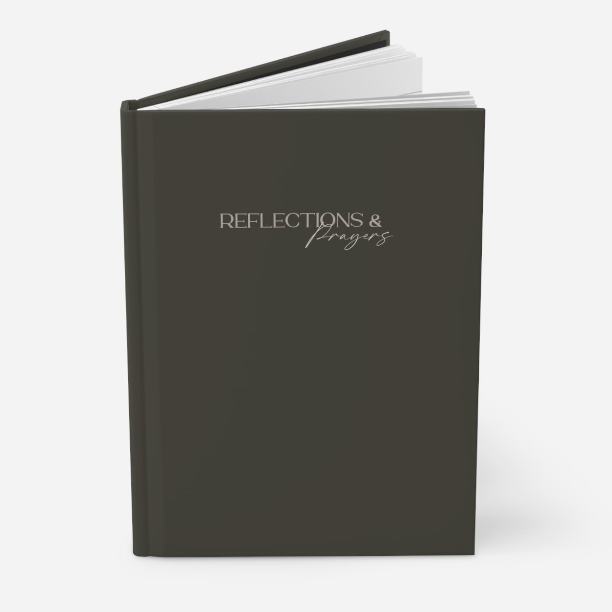 Charcoal olive journal standing upright, highlighting elegant cover and refined profile against neutral background