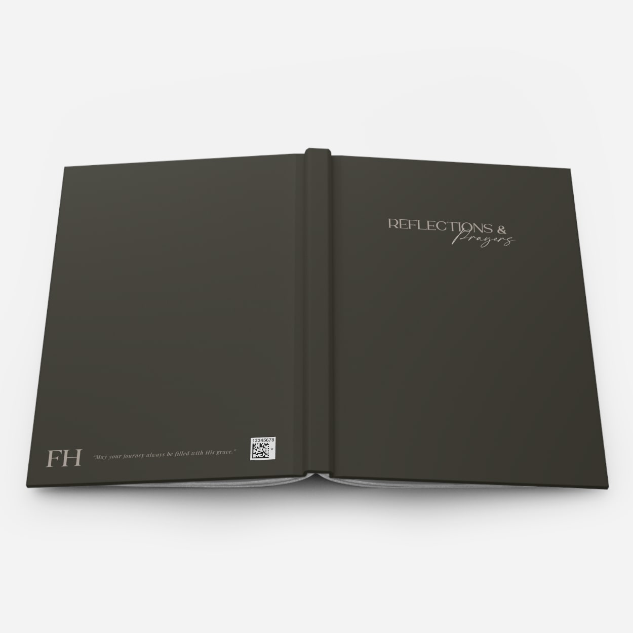 Exterior view of open charcoal olive journal, revealing flexible binding and high-quality paper