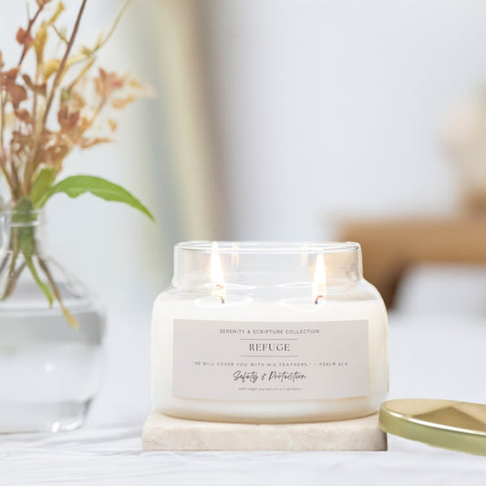 REFUGE Candle for Safety & Protection – Psalm 91:4 Scripture – Double-Wick Apothecary Jar, Vegan Coconut Soy Wax