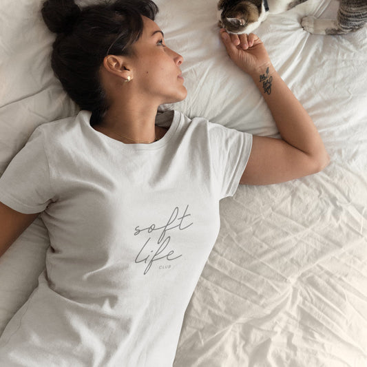 Soft life club tshirt in vintage white for women. 