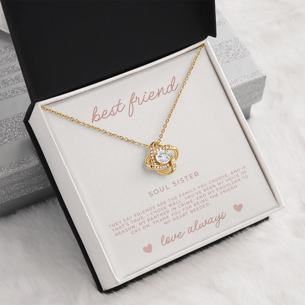 gold necklace gift for friend, love knot design with Christian message card for soul sister