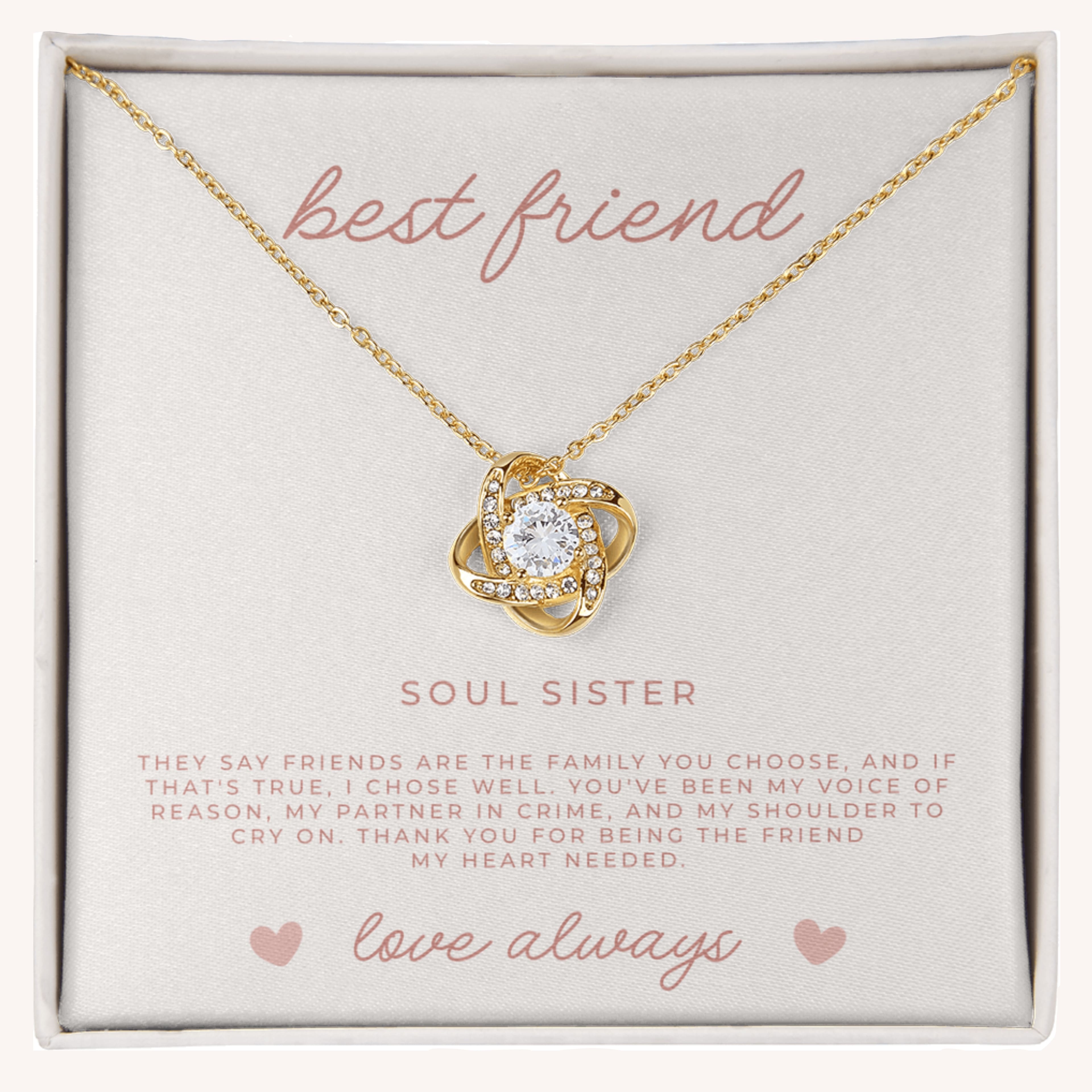 Waterproof gold love knot necklace in gift box with Christian message card about friendship, perfect best friend gift